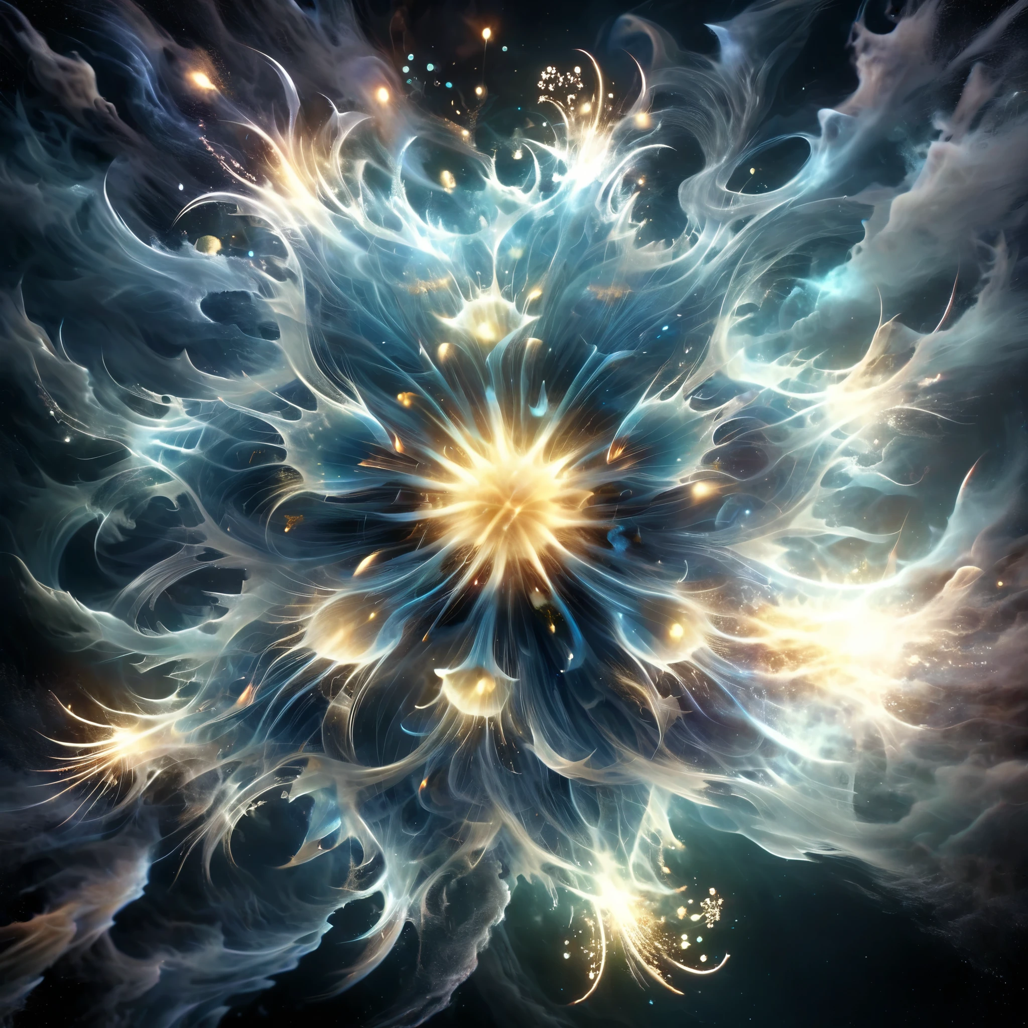 Blend fantasy and reality as 3D fireworks merge with ethereal fractal creatures, symbolizing the sea, their fractal fusion creating a mesmerizing spectacle of light and color, where the boundaries between the real and the surreal blur into infinity. Style of HR Giger