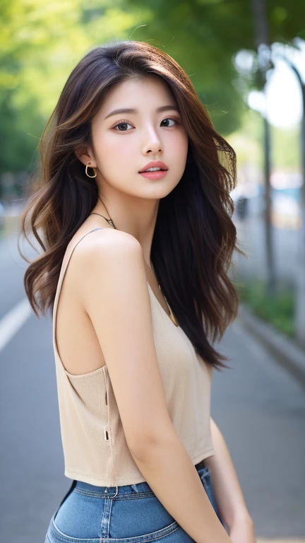 high quality、High resolution、masterpiece、Japanese women、23 years old、Brown long hair:1.4、Beautiful Skin、Brown eyes、Thin lips、Glossy Lips、light makeup、Earrings、Her big chest was wide open、length, Thin legs、Black tank top、necklace、Denim mini skirt、Look straight ahead、Sexy pose、whole photo:1.5、turn around、Summer Park、Full Body、