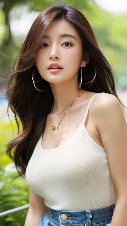 13日後に期限切れ 最high quality、masterpiece、High resolution、1 female、necklace、gem、Earrings、Beautiful Face、Body Up、Tyndall effect、Realistic、Rim Light、Two-tone lighting、(High resolutionスキン:1.2)、8k UHD、Digital SLR、Soft lighting、high quality、Volumetric lighting、photograph、High resolution、4K、8k、Brown haired woman、Adult、Small eyes、Perfect Mouth、Highly detailed eyes and mouth、Black natural eyes、Pure brown hair color、lol、Caucasian skin color、White shirt and random color tank top、Hair quality and shine、street、town、road、congestion、lol顔，Upper teeth
