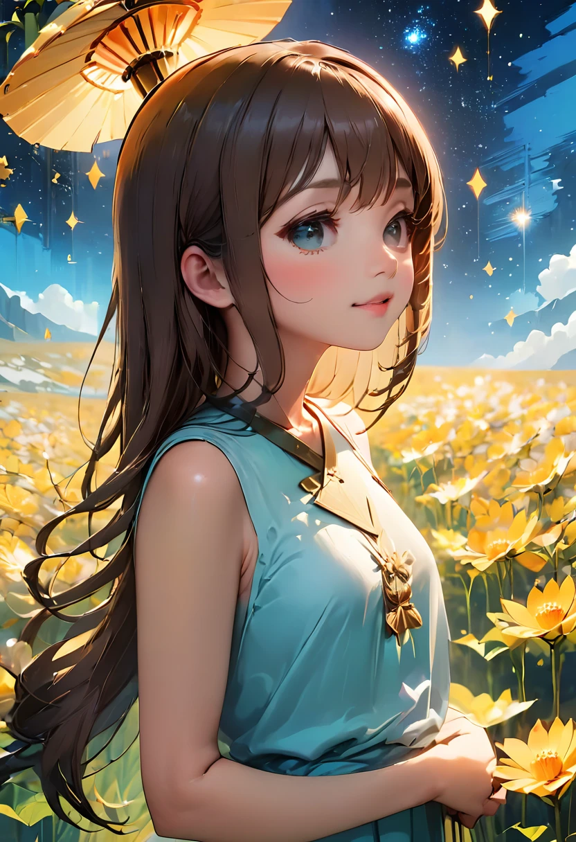 (RAW Photo, Best Quality), (Realistic, Photo Realistic: 1.3), Best Quality, Highly Detailed, Masterpiece, Ultra Detailed, Illustration, 1 Girl, full_body, Dynamic Angle, Extremely Detailed CG Unified 8k Wallpaper, Ink, Amazing, Movie upper_body, Dynamic Angle, World Mastery Theater, messy_long_hair, Best Quality, Extremely Detailed CG Unified 8k Wallpaper, Ink, Amazing, Movie Lights, lens_flare, dunhuang_style, Detailed Face, Beautiful Rendering of Tang Dynasty, (Deliberate expression: 1. 5), Standing in a flower field, (Looking up at the stars: 1.2), Fireflies , sony master shot, woman posing for photo in front of tv, inspired by Fei Danxu, brown hair and bangs, hi-res screenshot, normal hands, vivid colors, nice studio lighting, vhs screenshot, beautiful fine face