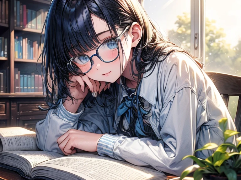 15-year-old girl, (closeup_portrait:1.3), (mac_mac_on_desk:1.2), bookshelves, (study_blue_and_white_series:1.4), sunlight, (sunlight_outside_window:1.3), (reading_intently:1.5), book_in_hand, glasses, (detailed_features:1.4), beauty_face, cool_vibe, bookcase_full_of_volumes, (open_books_scattered:1.2), colorful_spines, (dusty:1.2), worn_out_