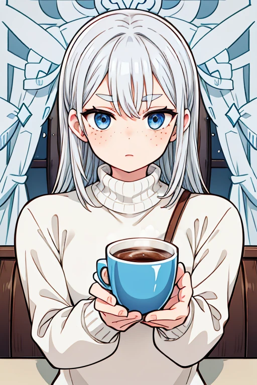 Silver short hair boy,Freckles on the face,blue eyes,White thick eyebrows,Wearing a brown turtleneck sweater,At the coffee shop