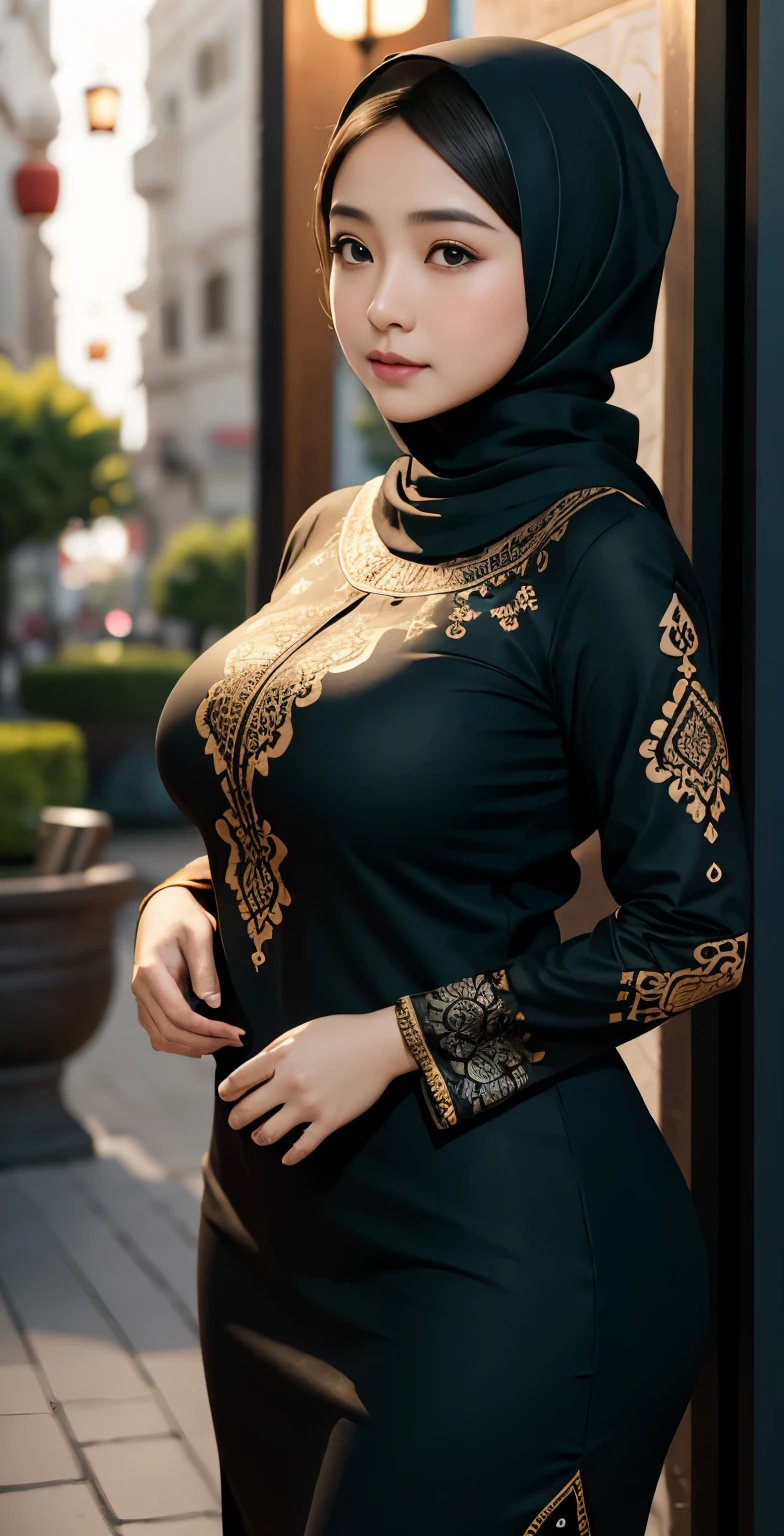 1 chinese-Indonesian girl, modern plain hijab, shy, medium portrait, watery eyes, wearing dark green indonesian Clothes, ((big breasts)), black bokeh background, well-proportioned body,, chubby massive thighs, full body pose, Hena art on the body, hena art the body, full body view,  Hena art on the body, hena art the body , Hena art on the body, hena art the body, Hena art on the body, hena art the body, Hena art on the body, hena art the body