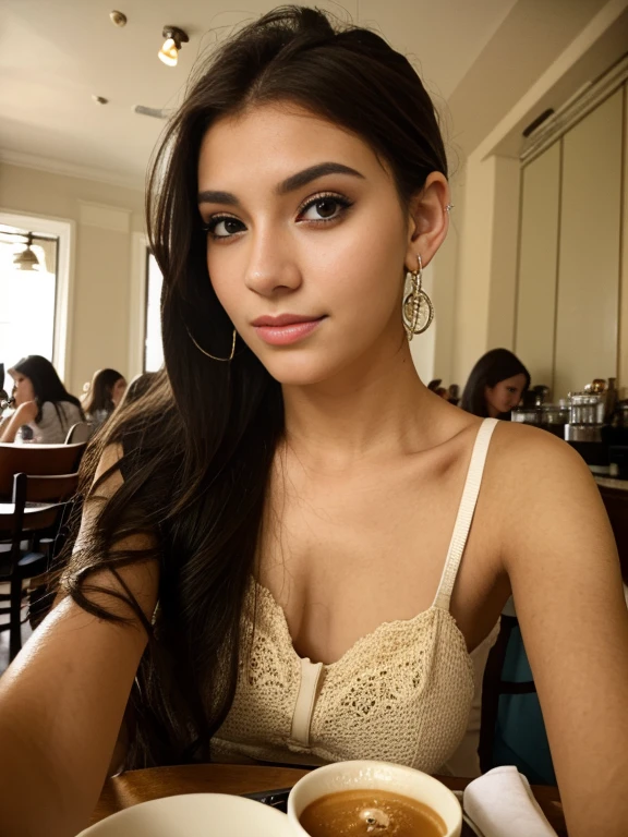 Photo of a 20 year old brunette woman, that has a very natural face, thin lips, thin eyes, thin eyebrows, thin nose, earrings, long eyelashes. She makes a cute selfie in a cafe