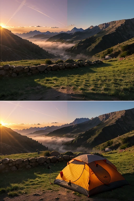(vector drawing,tent,campsite,mountains,sunset,misty valley,foreground,background)