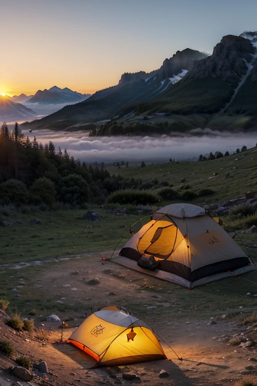 (vector drawing,tent,campsite,mountains,sunset,misty valley,foreground,background)