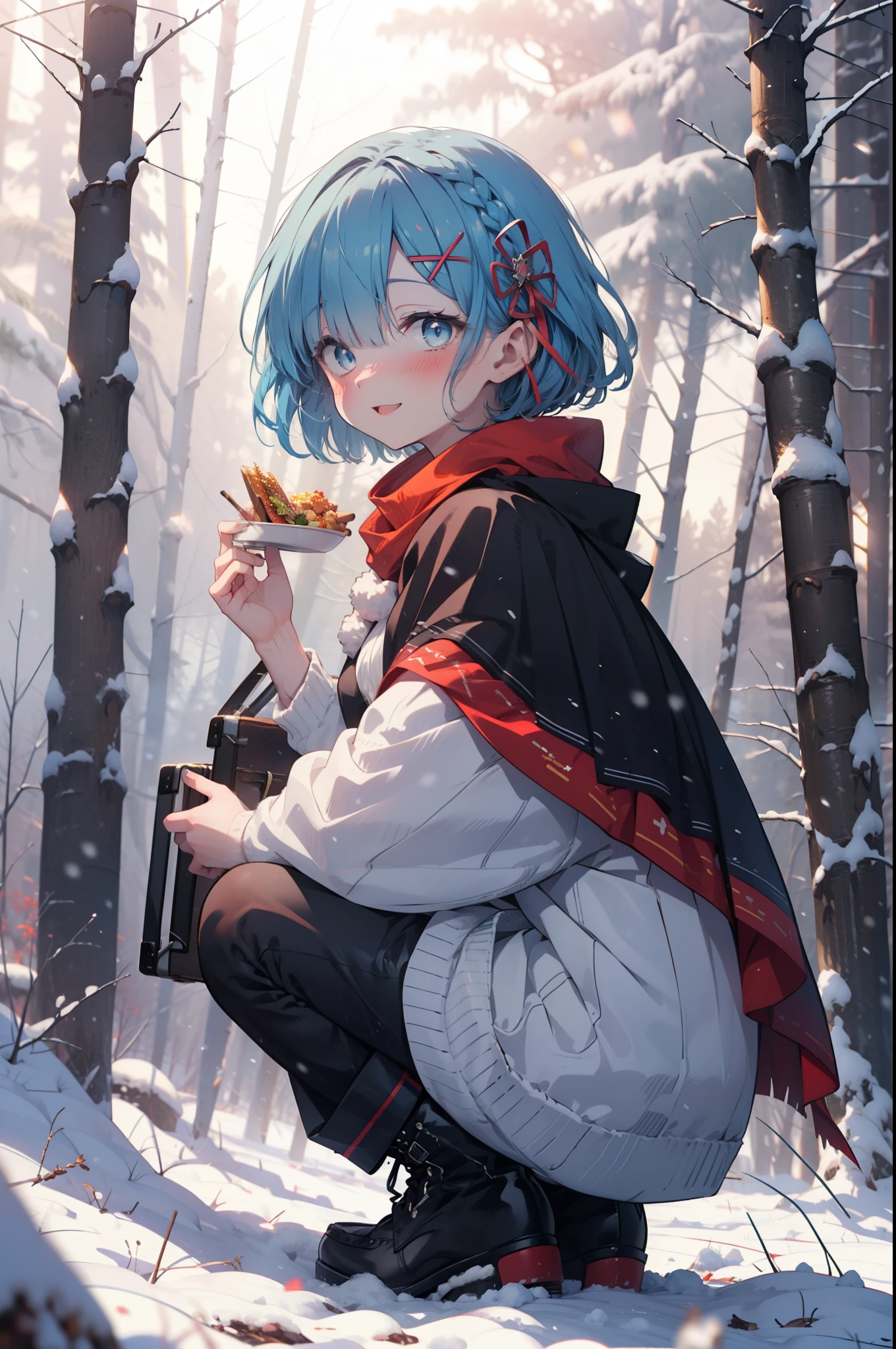 rezeroRem, Rem, blue eyes, Blue Hair, hair ornaments, Hair on one eye, hair ribbon, short hair, x hair ornaments,smile,blush,White Breath,
Open your mouth,snow,Ground bonfire, Outdoor, boots, snowing, From the side, wood, suitcase, Cape, Blurred, having meal, forest, White handbag, nature,  Squat, Mouth closed, Cape, winter, Written boundary depth, Black shoes, red Cape break looking at viewer, Upper Body, whole body, break Outdoor, forest, nature, break (masterpiece:1.2), highest quality, High resolution, unity 8k wallpaper, (shape:0.8), (Beautiful and beautiful eyes:1.6), Highly detailed face, Perfect lighting, Highly detailed CG, (Perfect hands, Perfect Anatomy),