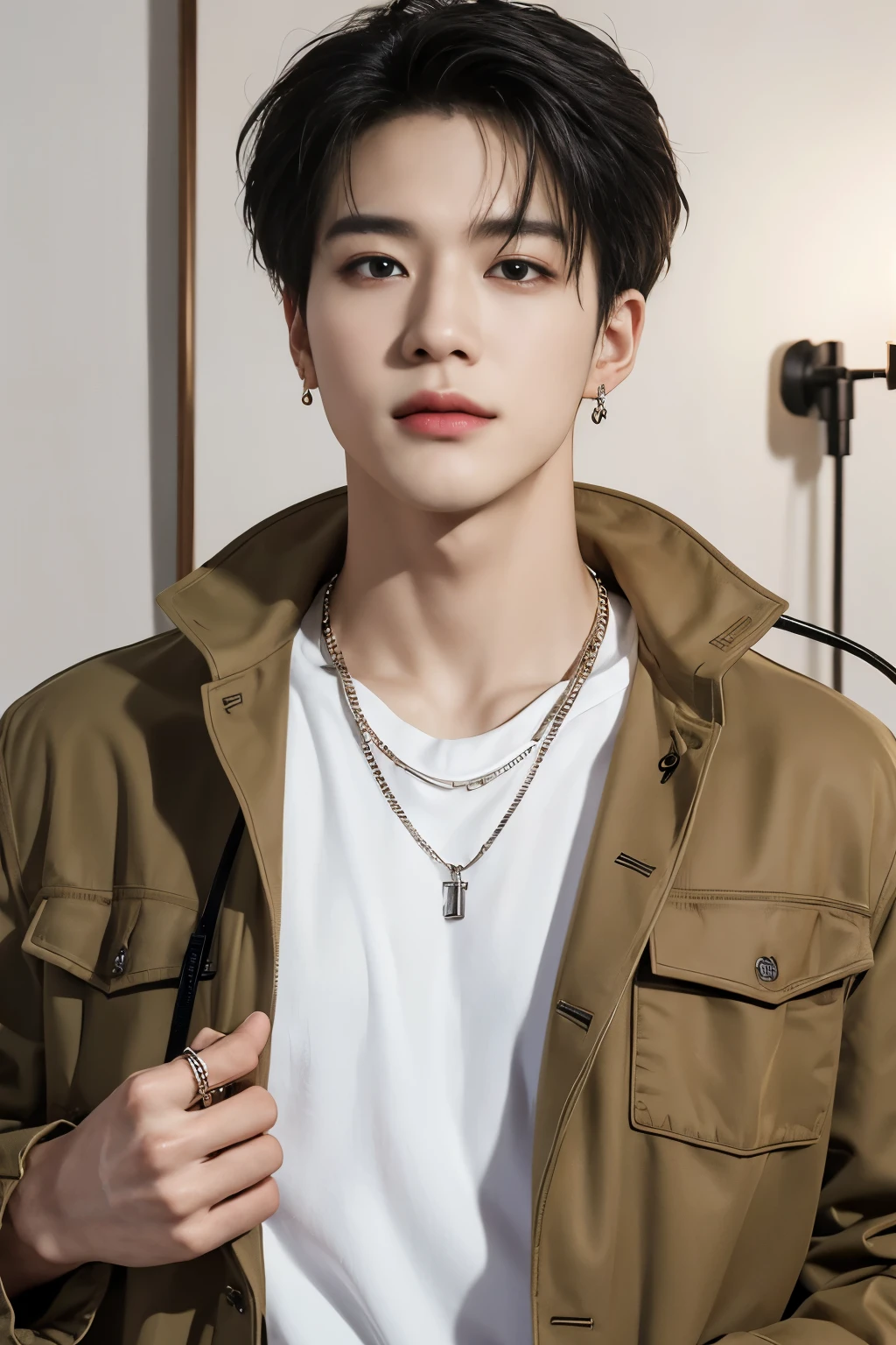((Best Quality, 8K, masterpiece: 1.3))、Cool Korean man, 20 year old man、Korean style hair、Sturdy face、Handsome nose、Detailed eyes and face、Beautiful lighting、(studio)、High Resolution、 (visible to the audience)、mouth details、Thin Mouth、,Sorrisos、whole body: 1.5, perfect body figure: 1.picture of both shoulders:1.3, Wearing a White T-shirt and a casual Black coat:1.5, Accessories : (men's earrings, necklaces, men's rings, men's watches)