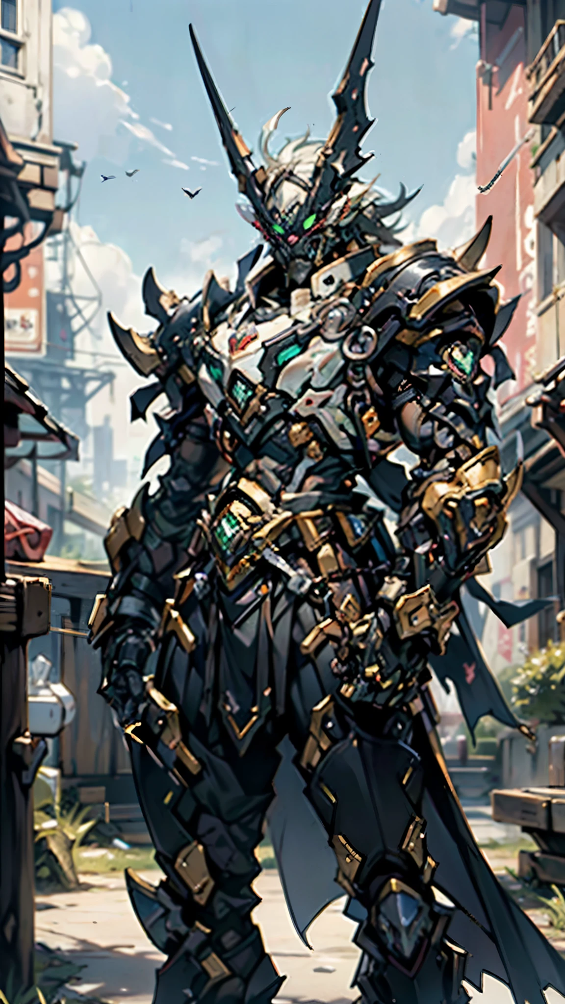A man wearing a full-face helmet, a fantasy-style biotech armored combat suit, green eyes, (a composite layered chest armor), fully enclosed shoulder guards, matching arm and leg guards, the belt is adorned with dragon claw grasping orbs, (the color scheme is primarily black with red accents), the design balances heavy with agility, a high-tech bio-mecha armor, (Armor Concept Inspired by Dragons, stand on the top of a skyscraper in a futuristic sci-fi city), this character embodies a finely crafted fantasy-surreal style armored hero in anime style, exquisite and mature manga art style, (element, plasma, energy, the armor glows), ((male:1.5)), metallic, real texture material, dramatic, high definition, best quality, highres, ultra-detailed, ultra-fine painting, extremely delicate, professional, perfect body proportions, golden ratio, anatomically correct, symmetrical face, extremely detailed eyes and face, high quality eyes, creativity, RAW photo, UHD, 32k, Natural light, cinematic lighting, masterpiece-anatomy-perfect, masterpiece:1.5