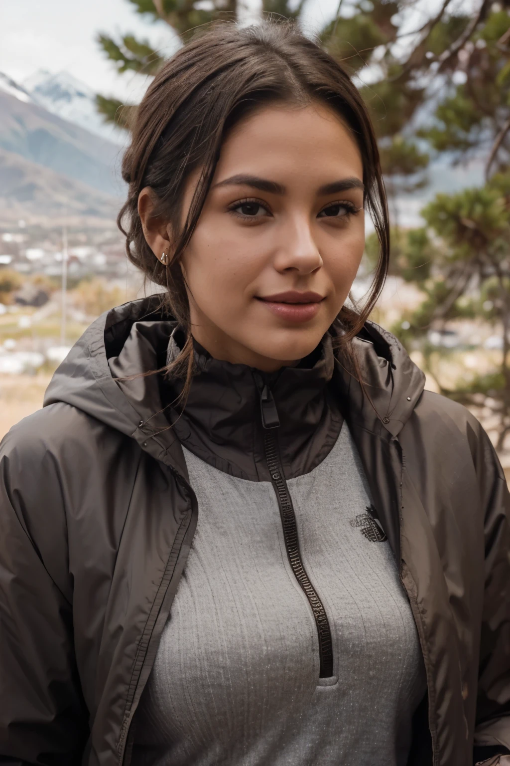 Christen Harper con una hermosa cara madura, tez oscura, short hair tied back, cejas grandes y tatuadas, Mirando directamente al espectador, brunette, senos extra grandes Representado de manera realista, usando una chompa impermeable north face para el frio que complementa su color de cabello, mostrando sus hombros y cuello, voluptuosa, con un bronceado acentuado y joyas elegantes, lipstick staining her lips, nariz definida, sonriendo, en el nevado Cotopaxi