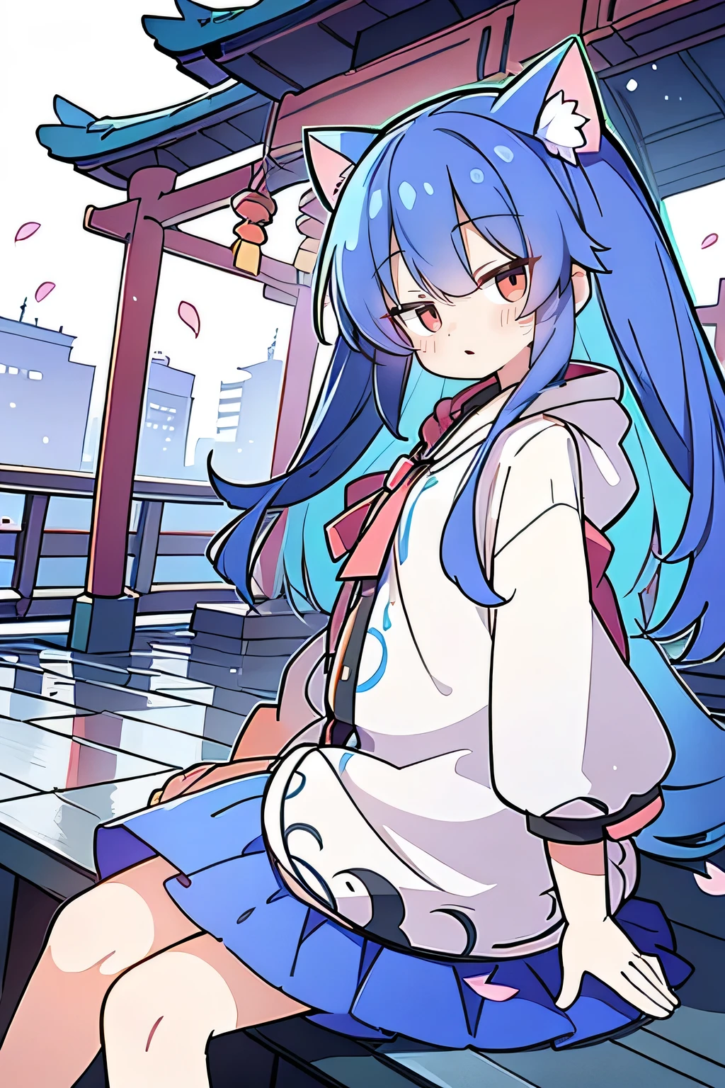 (masterpiece:1.2),Super detailed,lifelike,Expressive eyes,fair skin,perfect face shape,1 girl,
Japanese comics,Gorgeous blue hair,flowing blue hair,flowing clothes,Cat ears,Petals fall,beautiful lola,Baby Angel,
Cross your legs,Gentle and peaceful background,The pavilion is cool and comfortable,smile, wearing hoodie, background of tokyo,back views,snowing, winter.