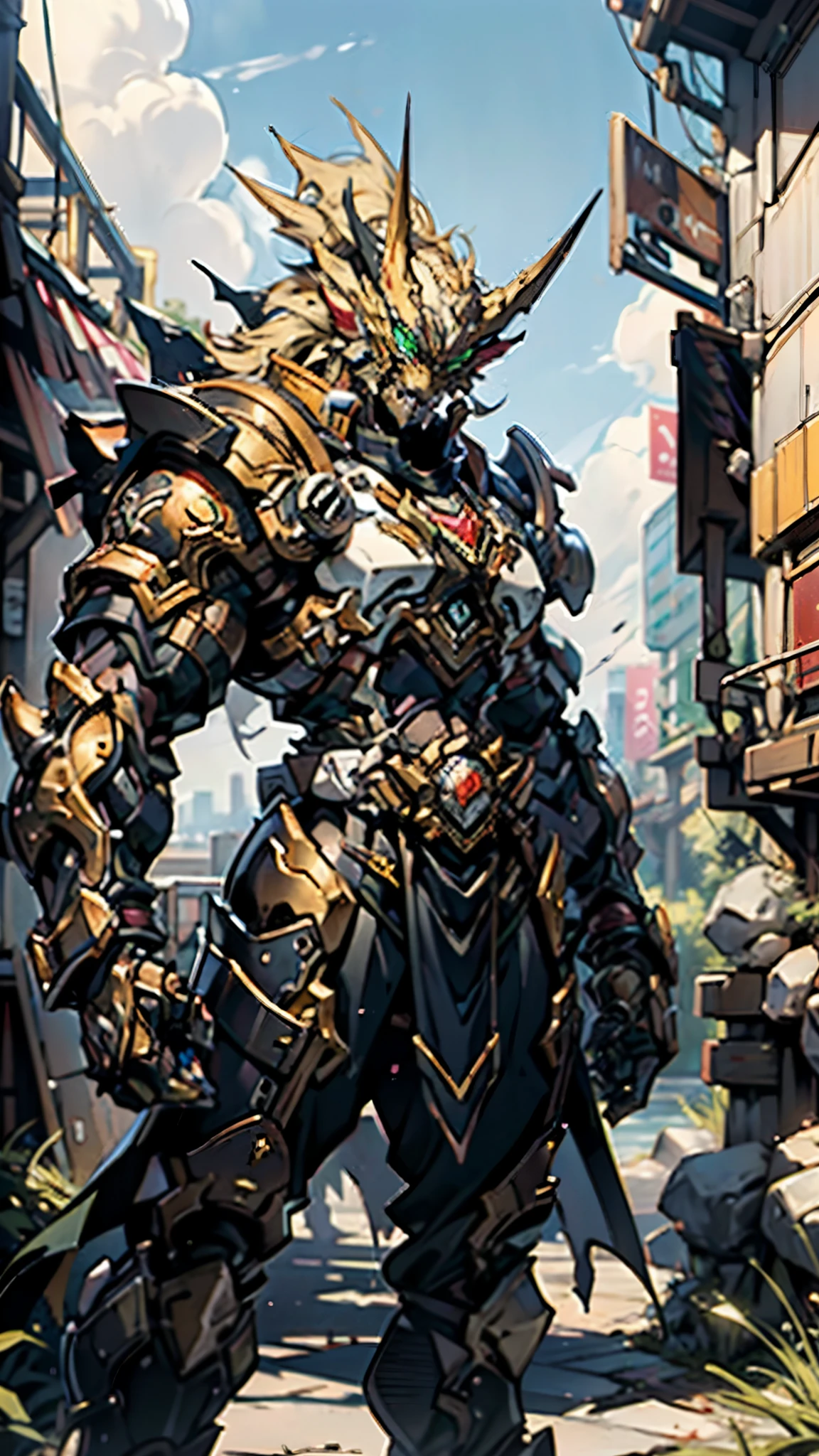 A man wearing a full-face helmet, a fantasy-style biotech armored combat suit, green eyes, (a composite layered chest armor), fully enclosed shoulder guards, matching arm and leg guards, the belt is adorned with dragon claw grasping orbs, (the color scheme is primarily black with red accents), the design balances heavy with agility, a high-tech bio-mecha armor, (Armor Concept Inspired by Dragons, stand on the top of a skyscraper in a futuristic sci-fi city), this character embodies a finely crafted fantasy-surreal style armored hero in anime style, exquisite and mature manga art style, (element, plasma, energy, the armor glows), ((male:1.5)), metallic, real texture material, dramatic, high definition, best quality, highres, ultra-detailed, ultra-fine painting, extremely delicate, professional, perfect body proportions, golden ratio, anatomically correct, symmetrical face, extremely detailed eyes and face, high quality eyes, creativity, RAW photo, UHD, 32k, Natural light, cinematic lighting, masterpiece-anatomy-perfect, masterpiece:1.5