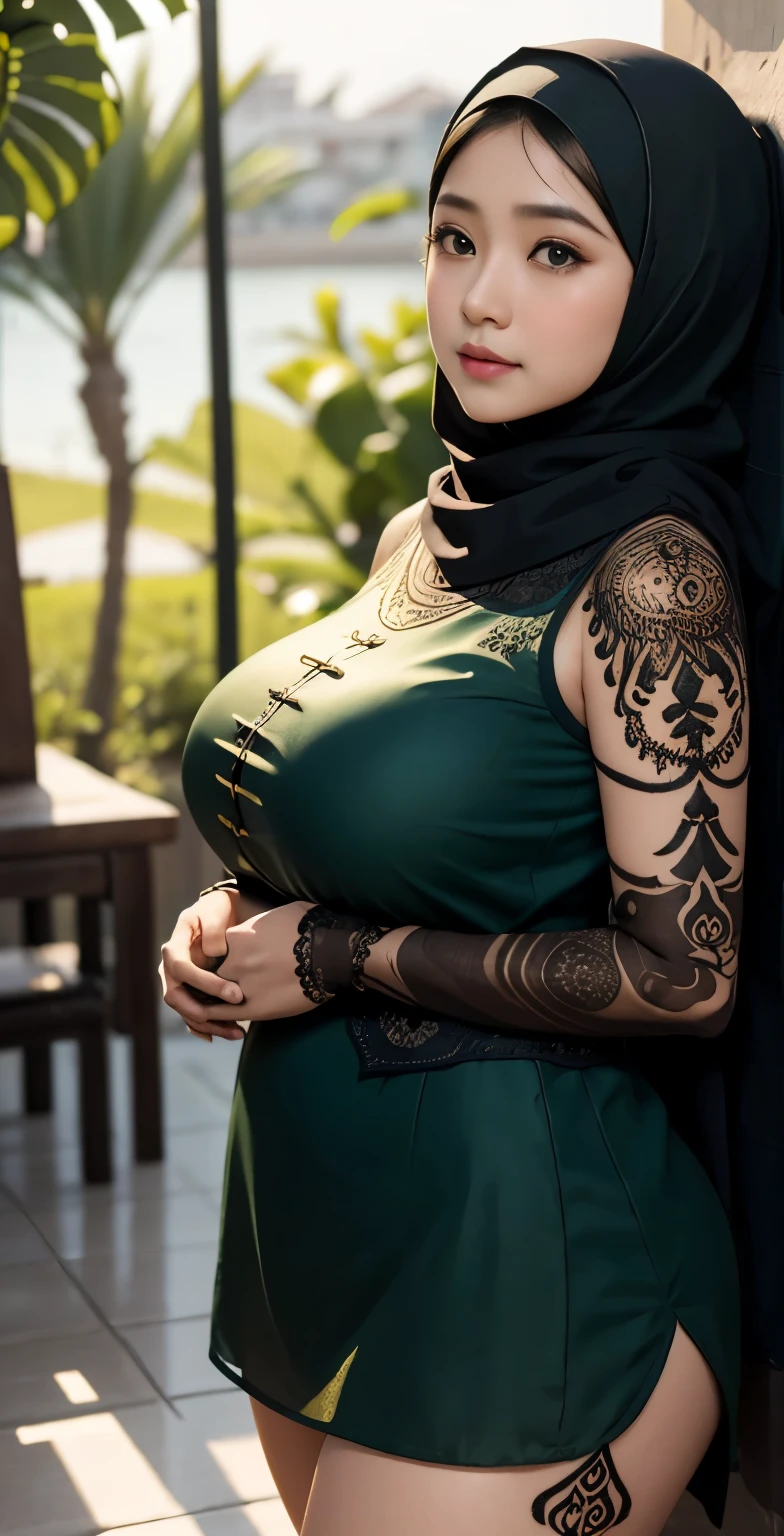 1 chinese-Indonesian girl, modern plain hijab, shy, medium portrait, watery eyes, wearing dark green indonesian Clothes, ((big breasts)), black bokeh background, well-proportioned body,, chubby massive thighs, full body pose, Hena art on the body, hena art the body, full body view,  Hena art on the body, hena art the body , Hena art on the body, hena art the body, Hena art on the body, hena art the body, Hena art on the body, hena art the body