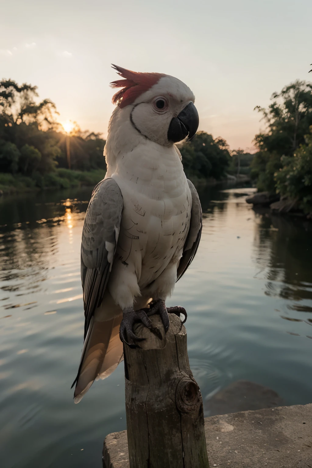 Cockatoo bird , realistic, river background, sun rise