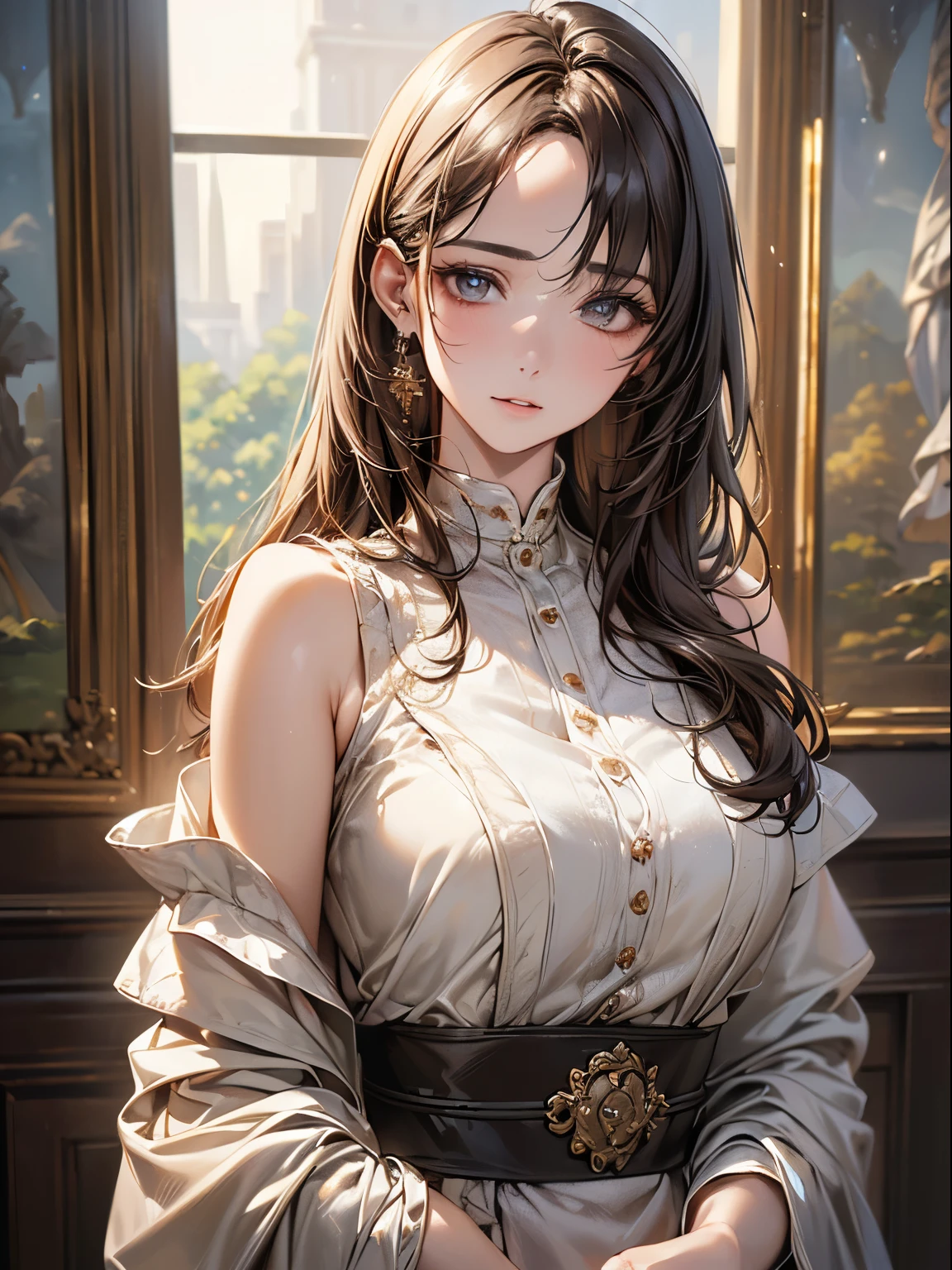 ((highest quality)),(超A high resolution),(Very detailed),(Detailed Description),((The best CG)),(masterpiece),Ultra-detailed art、(highest quality、8k、32k、masterpiece)、(Realistic)、(Realistic:1.2)、(High resolution)、Very detailed、Very beautiful face and eyes、1 female、((Narrow eyes、Droopy eyes:1.4、Fine grain))、Tight waist、Delicate body、(highest quality、Attention to detail、Rich skin detail)、(highest quality、8k、Oil paint:1.2)、Very detailed、(Realistic、Realistic:1.37)、Bright colors