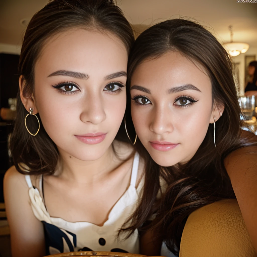 Photo of a 20 year old brunette woman, that has a very natural face, thin lips, thin eyes, thin eyebrows, thin nose, earrings, long eyelashes. She makes a cute selfie in a cafe