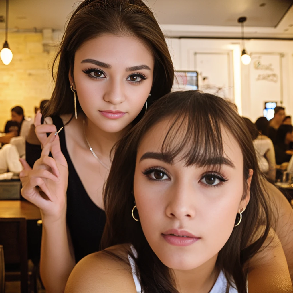 Photo of a 20 year old brunette woman, that has a very natural face, thin lips, thin eyes, thin eyebrows, thin nose, earrings, long eyelashes. She makes a cute selfie in a cafe