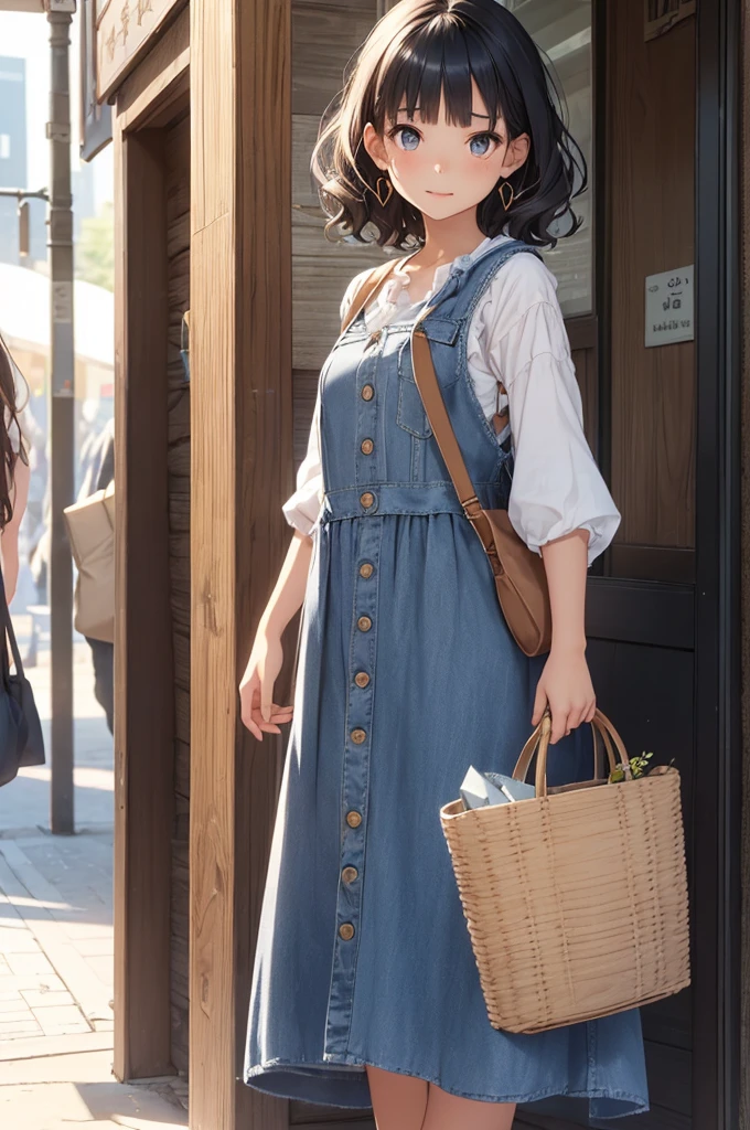 ({Mia},1girl,cute,tween,beautiful detailed face,(navy hair),(wavy short-hair),parallel eyebrows,navy eyes with large brown irises,blunt bangs,small nose,small mouth, fresh lips,small chin,slender,small breasts,small hip,(5feet tall)),
very happy,
BREAK Flowy organic cotton maxi dress,recycled polyester denim vest,vegan leather ankle boots,eco-friendly raffia tote bag,sustainable wooden earrings,
downtown of tokyo,