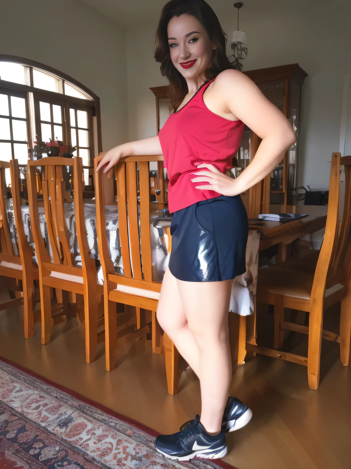 there is a woman standing in a room with a table and chairs, side pose, red tank top and dark blue shorts, in shorts, side photo, tight photo, wearing gym equipment, side portrait, clothing photo, wearing tank top and skirt, with shiny skirt, tank top and sports shorts, dressed in tank top and shorts, high waist. A woman with white skin and dark hair, large and charming, seems to contain a world of wonders and her face is the definition of beauty, highly realistic, reddish skin, beautiful, slightly full lips, red lipstick, smiling, a feeling of lightness and joy , hyperrealism, very elaborate skin, full body photo, sharp photo, high quality, high resolution, masterpiece, high quality, high resolution (ultra quality masterpiece), Ultra HD, high contrast, masterpiece, high contrast, (photographically realistic) HD, high contrast, 16K Masterpiece: 1.3, high resolution, (photographically realistic), NUDE, NUDITY, NFSW.