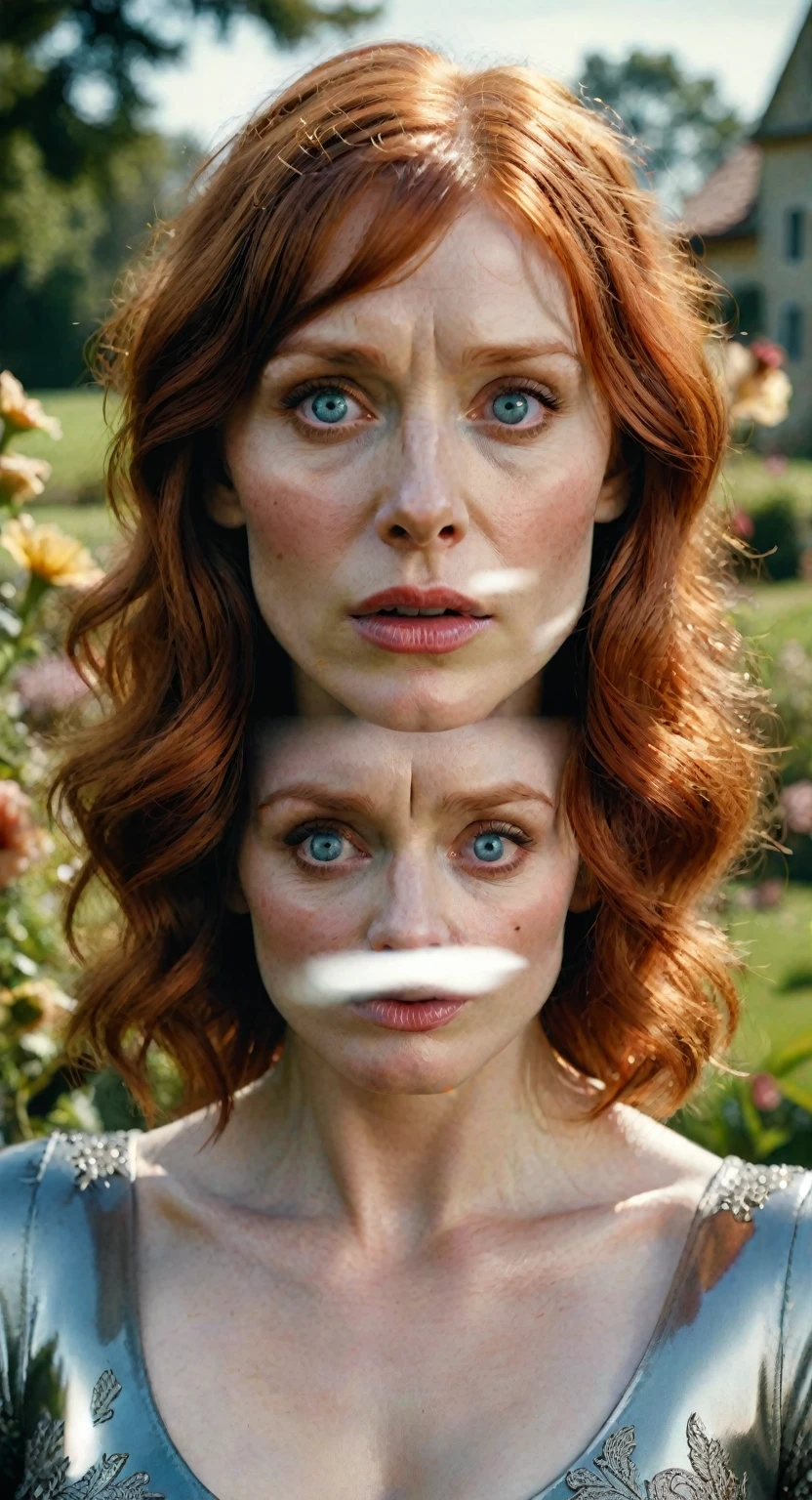 "(best quality, highres, masterpiece:1.2), ultra-detailed, realistic:1.37, portraits, Bryce Dallas Howard in shock expression, detailed eyes, detailed lips, non-perfect skin with visible pores, art-deco style, double exposure, detailed background of a countryside garden"