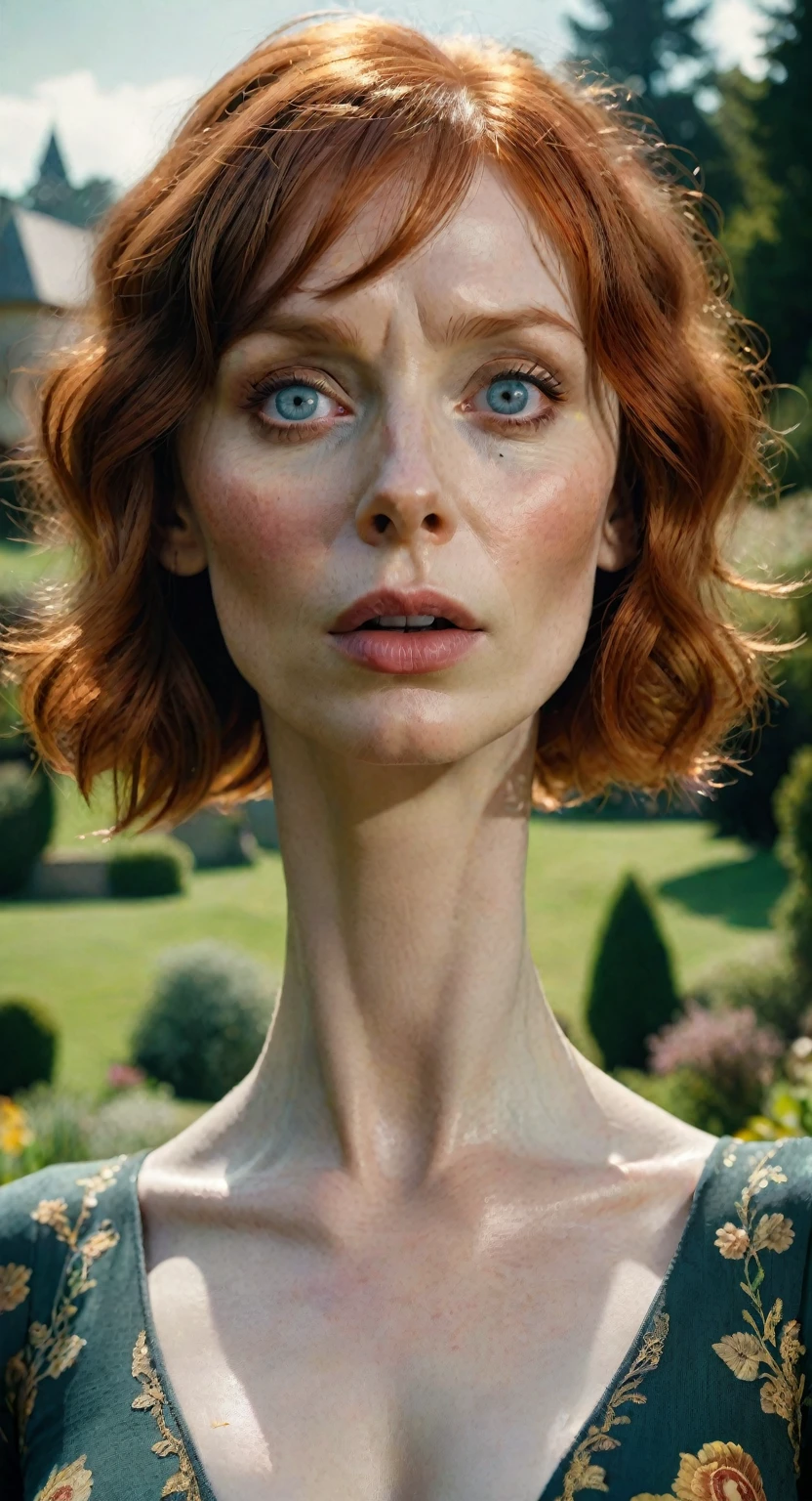 "(best quality, highres, masterpiece:1.2), ultra-detailed, realistic:1.37, portraits, Bryce Dallas Howard in shock expression, detailed eyes, detailed lips, non-perfect skin with visible pores, art-deco style, double exposure, detailed background of a countryside garden"