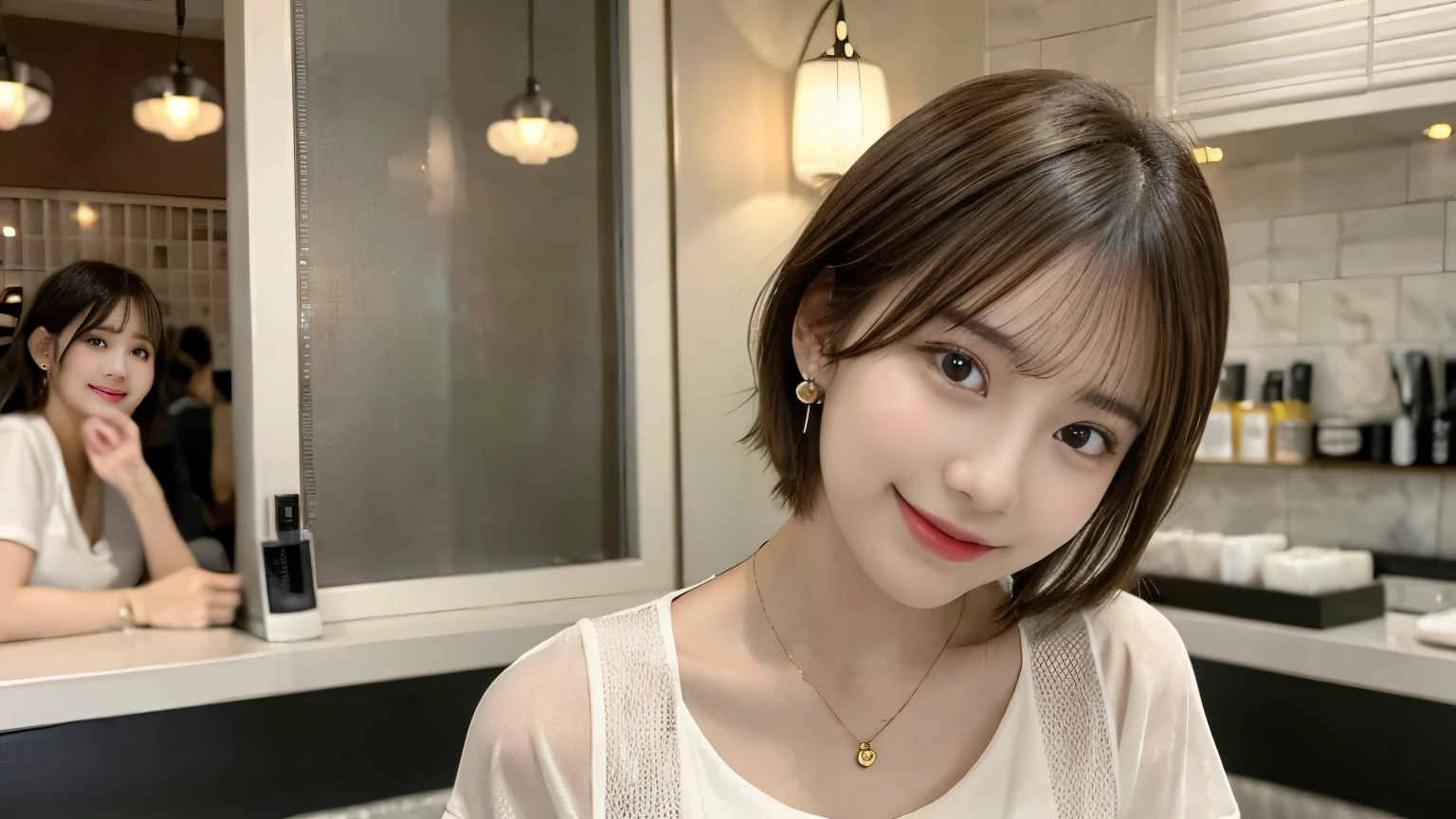 super high quality, Short Hair, Slender, Gravure photoshoot, The staff is working at the counter in the back., (8k、RAW Photos、highest quality、masterpiece:1.2), Japanese Idol, Shaggy, Stylish café, The cafe is crowded with people enjoying themselves., (Realistic、Photorealistic:1.37), Mesh Hair, Urban Cafe, Golden Ratio, Raw photo, Cute face , Light Brown Hair, Earrings, Small breasts, Bright cafe interior, Blurred Background, Beauty salon model, Spring Clothes, necklace, Beautiful hairstyle, White Shirt, Spoiled, Smile, Hair blowing in the wind, Neat clothes, boyish, 18-year-old, younger sister, 

