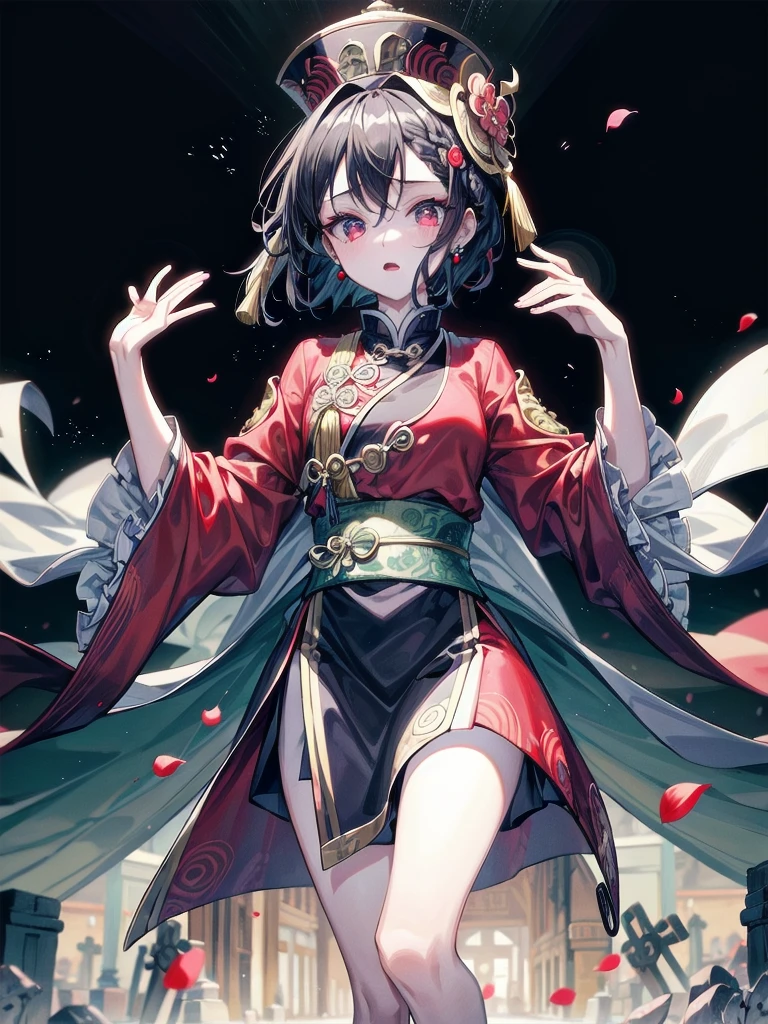 cemetery, dress, braid, chinese clothes, headwear, ofuda, jiangshi, qing guanmao, absurdres, RAW photo, extremely delicate and beautiful, masterpiece, Best Quality, ultra high resolution, 32k, hyperrealistic, ultra-detailed, detailed description, pale skin, 20 years old, tearful mole, earring, Colossal tits, short medium hair, wavy hair, whole body shot,