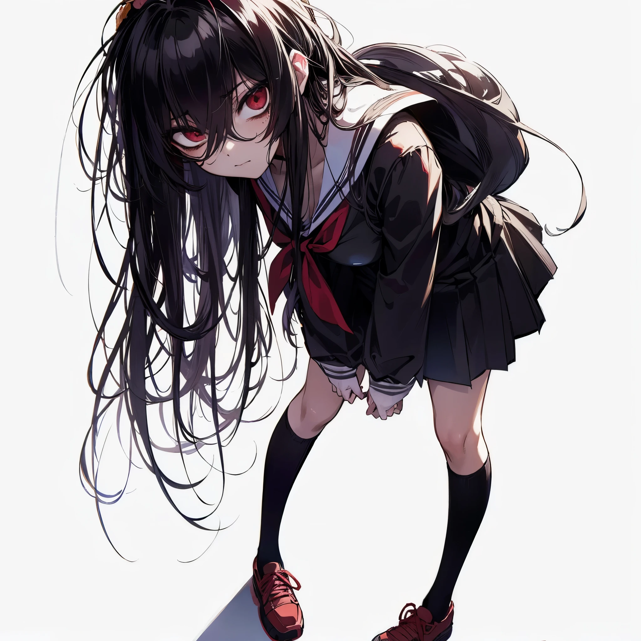 (masterpiece, Best Quality), (detailed hairs), Ultra-detailed, Anime style, Full body, Solo, Tall, unwell girl, hunched posture, her faces diagonally forward, in simple school outfit, long shaggy black hair, slender, slim shape, beautiful and terrible, Eyes blazing with hellfire, wearing red shoes, standing in wasted school, 8k high resolution, white background, whole body, ((Blue Archive)) ((Kenzaki Tsurugi))