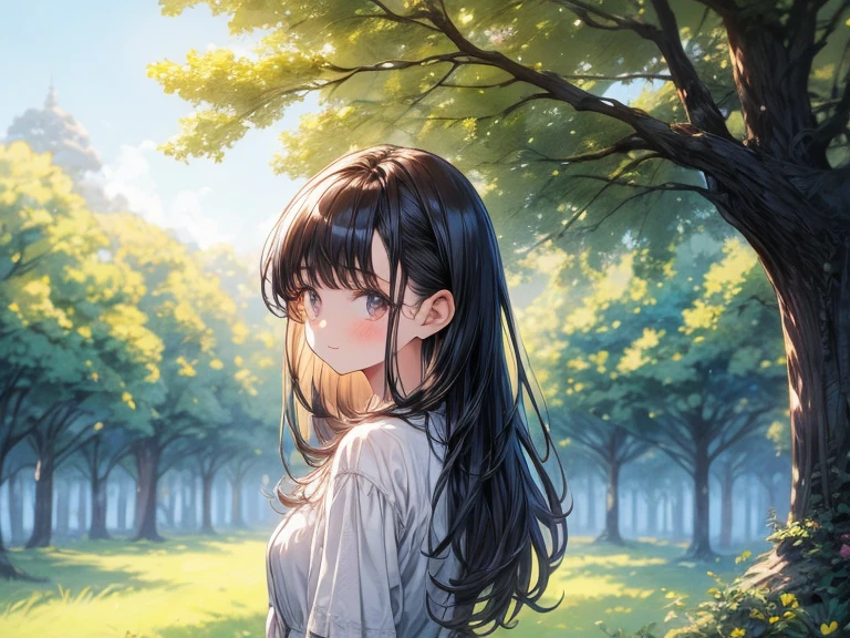 Beautiful and timid girl in 2D, cute and dark hair, listening to music in a grass and trees and the background that is blurred and that it is daytime with sun and relaxed atmosphere