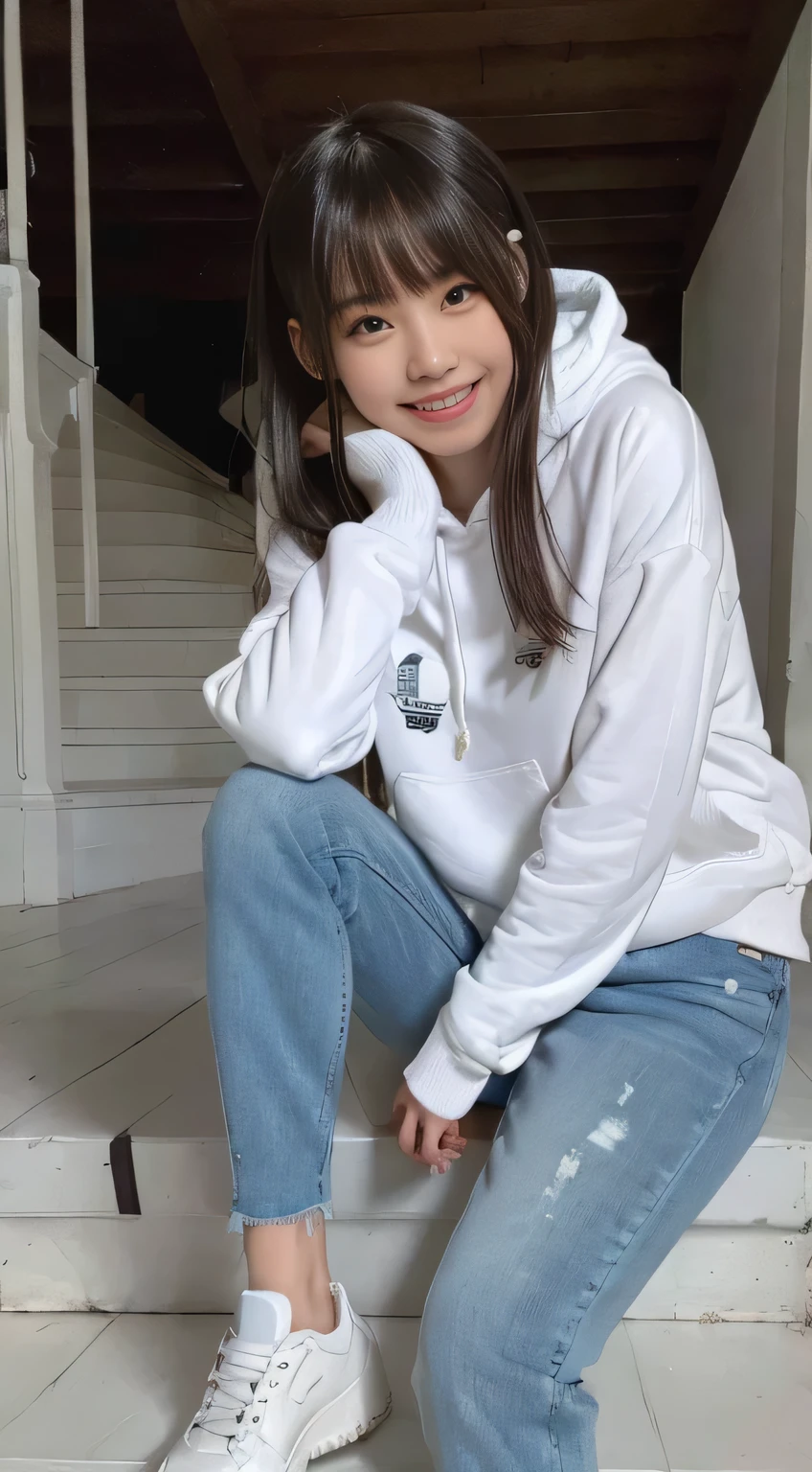 highest quality, Realistic, Very detailed, Finer details, High resolution, 8k wallpaper, One beautiful woman,Sit on the stairs、（Wear black socks）smile、（Beautiful teeth alignment、）（Gums are visible） Oversized hoodie, Skinny jeans,（ Black sneakers）、Black Hair、 Beautiful Bangs、ear piercing、Perfect dynamic composition, Beautiful and detailed, Full Body Shot, A big smile
