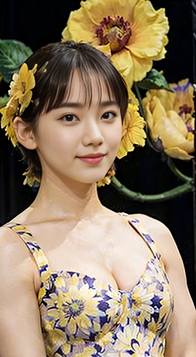 (20-year-old princess,is standing), (A hyper-realistic), (masutepiece), ((short-hair:1.46)), (Smooth black hair), (Breast:1.0), (kindly smile:0.9), (Yellow Floral Dress:1.46), Majestic Palace, Orange Lipstick,
