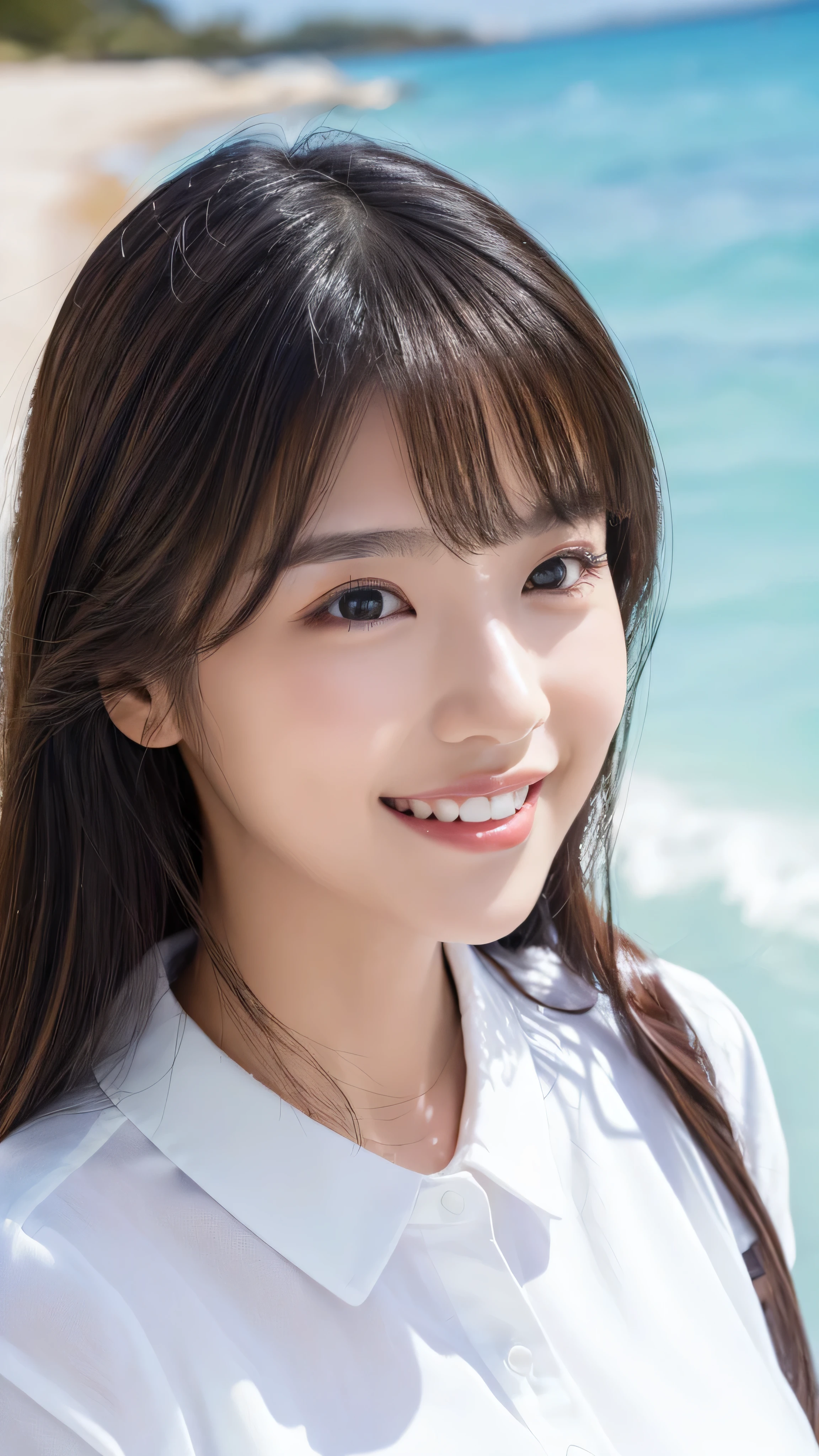 ((highest quality、Tabletop、8k、Best image quality、Extremely intricate and detailed))、(1 person photo:1.1)、(Look at me with your best smile:1.1)、(Beautiful beaches:1.1)、(White polyester high short sleeve collar shirt:1.1)、(The perfect short sleeve collared shirt:1.1)、Accentuate your body lines、The most natural and perfect sea background、The clearest and most beautiful sea、(Very large breasts:1.1)、(Face close-up:1.2)、Attractive body、Hair swaying in the wind、Sandy Beach、Beautiful sea、The clearest and most shining sea、Complex sea glow、The most detailed and realistic ocean、The details of the beautiful sea are depicted.、(Very brightly lit face:1.2)、Ultra-high definition beauty face、(Ultra high resolution perfect beautiful teeth:1.1)、Ultra HD Hair、Ultra-high definition sparkling eyes、(Pure white skin shining in ultra-high resolution:1.2)、Ultra-high quality glossy lips、The cutest gravure pose、(Very bright and vivid:1.2)、(Very bright:1.2)、(Very refreshing:1.1)、(Glowing white beautiful skin:1.2)、(Very strong exposure:1.2)、(Pure white skin that shines Very brightly:1.2)、(Very strong highlights:1.2)、(Very bright and glowing skin:1.2)、Blurred Background