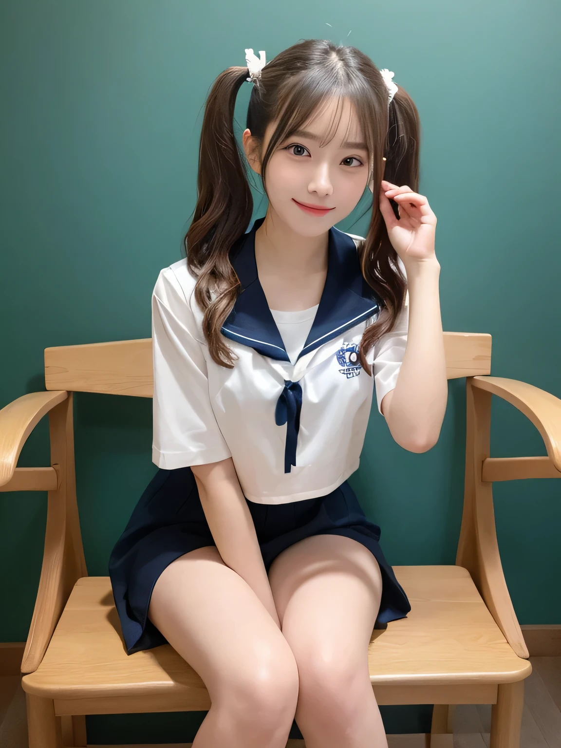In detail,Full body photo、 One high school girl、High resolution, high quality、Slim body、Perfect dynamic composition, Beautiful fine details, Blonde、Twin tails、Natural color lip,Kamimei、、Clear Skin、Short-sleeved sailor suit、Red mini skirt、Thighs、Shiny Hair、最high quality, figure, Very detailed, In detail, High resolution, 8k、The correct state of the human body、Sculpture model pose,Dark blue walls,Sitting in a chair、Thighs are visible、smile、