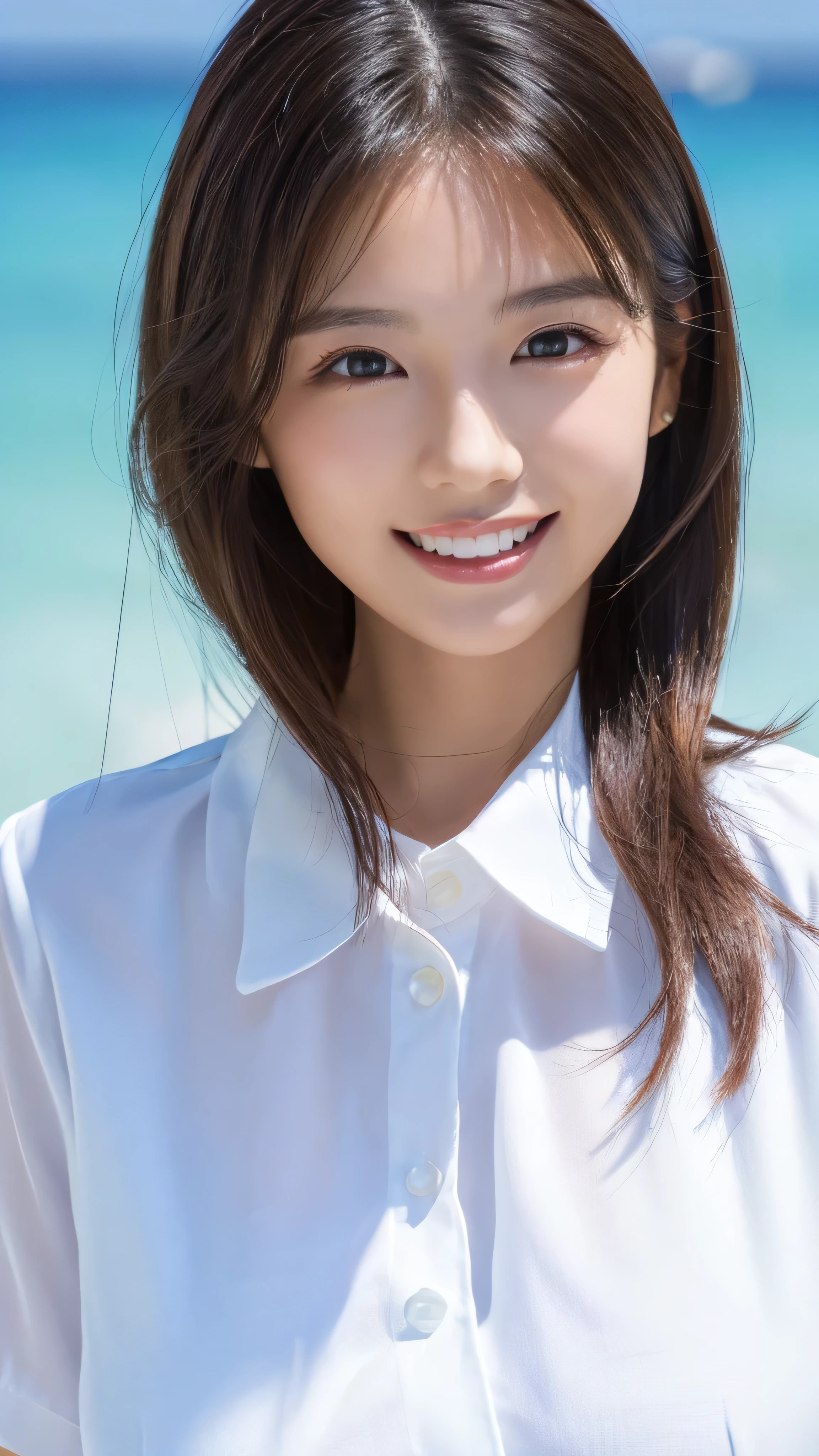 ((highest quality、Tabletop、8k、Best image quality、Extremely intricate and detailed))、(1 person photo:1.1)、(Look at me with your best smile:1.1)、(Beautiful beaches:1.1)、(White polyester high short sleeve collar shirt:1.1)、(The perfect short sleeve collared shirt:1.1)、Accentuate your body lines、The most natural and perfect sea background、The clearest and most beautiful sea、(Very large breasts:1.1)、(Face close-up:1.2)、Attractive body、Hair swaying in the wind、Sandy Beach、Beautiful sea、The clearest and most shining sea、Complex sea glow、The most detailed and realistic ocean、The details of the beautiful sea are depicted.、(Very brightly lit face:1.2)、Ultra-high definition beauty face、(Ultra high resolution perfect beautiful teeth:1.1)、Ultra HD Hair、Ultra-high definition sparkling eyes、(Pure white skin shining in ultra-high resolution:1.2)、Ultra-high quality glossy lips、The cutest gravure pose、(Very bright and vivid:1.2)、(Very bright:1.2)、(Very refreshing:1.1)、(Glowing white beautiful skin:1.2)、(Very strong exposure:1.2)、(Pure white skin that shines Very brightly:1.2)、(Very strong highlights:1.2)、(Very bright and glowing skin:1.2)、Blurred Background
