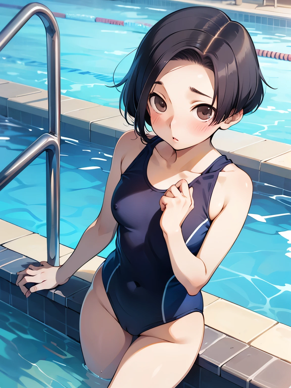 NSFW,Aarinko、short hair、Black Hair、Bobcut、Swimsuit,High leg,Embarrassed,blush,(Perfect hands),(Perfect Anatomy),(masterpiece),(highest quality),Looking up,Lonely look,School,Pool,looking at the camera,Look Up