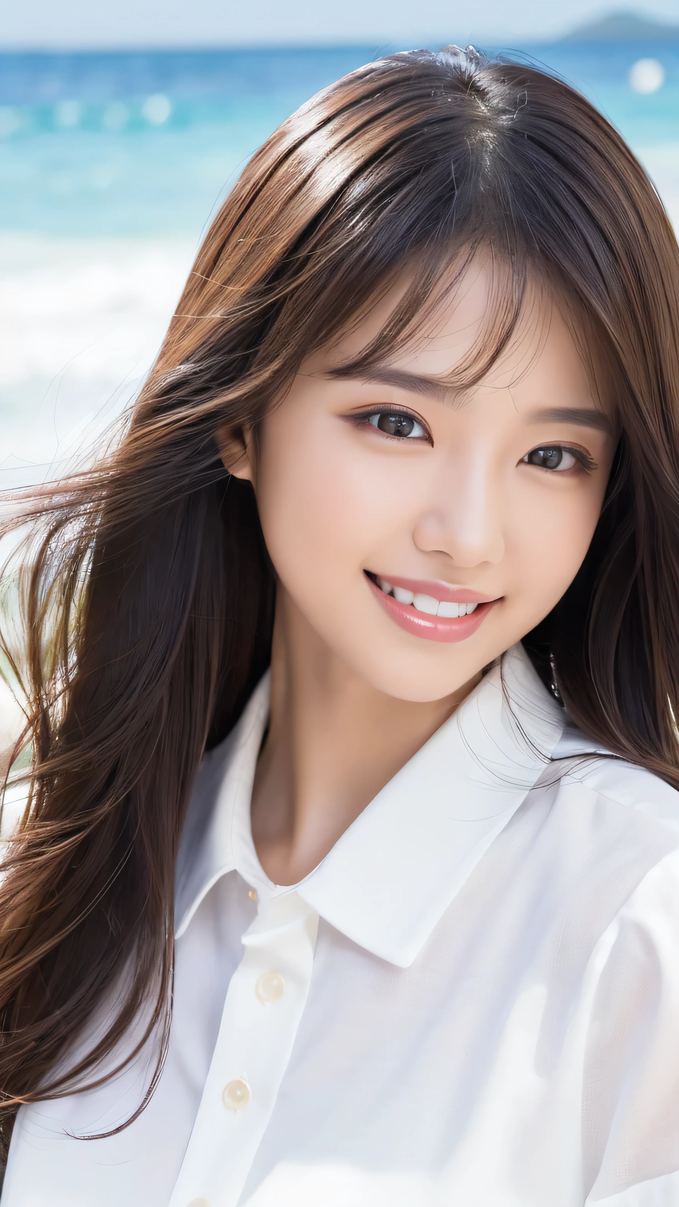 ((highest quality、Tabletop、8k、Best image quality、Extremely intricate and detailed))、(1 person photo:1.1)、(Look at me with your best smile:1.1)、(Beautiful beaches:1.1)、(White polyester high short sleeve collar shirt:1.1)、(The perfect short sleeve collared shirt:1.1)、Accentuate your body lines、The most natural and perfect sea background、The clearest and most beautiful sea、(Very large :1.1)、(Face close-up:1.2)、Attractive body、Hair swaying in the wind、Sandy Beach、Beautiful sea、The clearest and most shining sea、Complex sea glow、The most detailed and realistic ocean、The details of the beautiful sea are depicted.、(Very brightly lit face:1.2)、Ultra-high definition beauty face、(Ultra high resolution perfect beautiful teeth:1.1)、Ultra HD Hair、Ultra-high definition sparkling eyes、(Pure white skin shining in ultra-high resolution:1.2)、Ultra-high quality glossy lips、The cutest gravure pose、(Very bright and vivid:1.2)、(Very bright:1.2)、(Very refreshing:1.1)、(Glowing white beautiful skin:1.2)、(Very strong exposure:1.2)、(Pure white skin that shines Very brightly:1.2)、(Very strong highlights:1.2)、(Very bright and glowing skin:1.2)、Blurred Background
