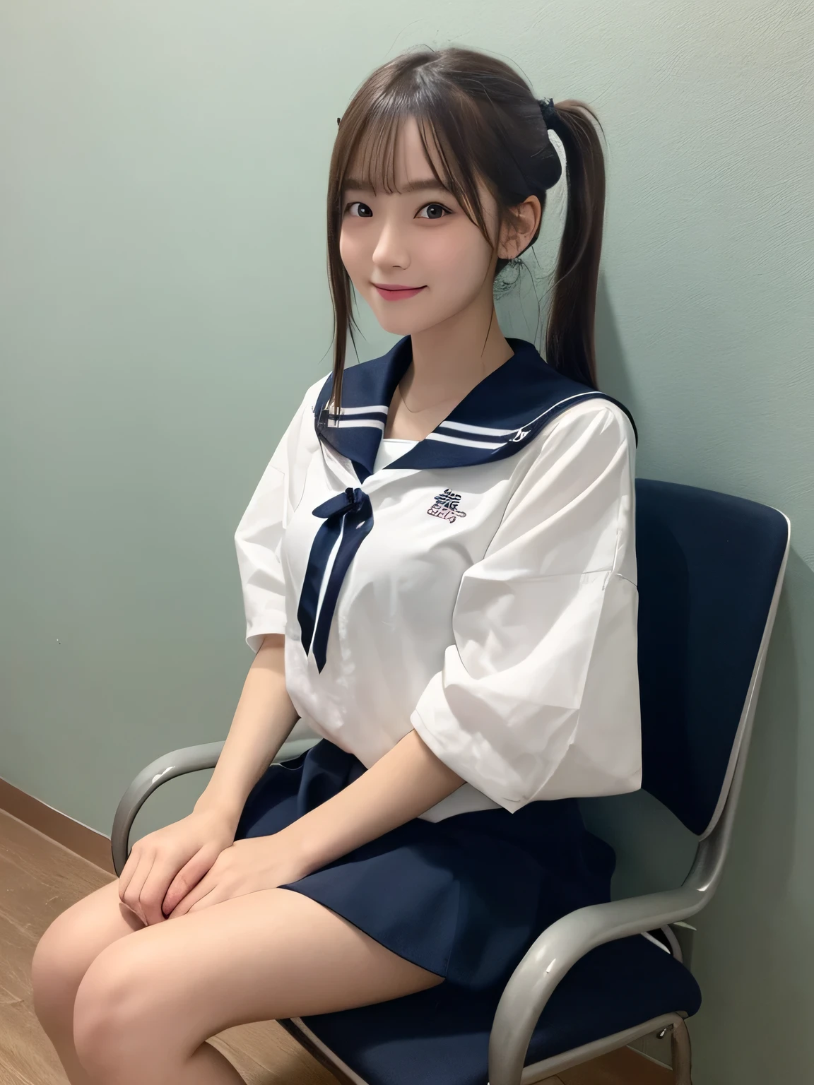 In detail,Full body photo、 One high school girl、High resolution, high quality、Slim body、Perfect dynamic composition, Beautiful fine details, Blonde、Twin tails、Natural color lip,Kamimei、16-year-old girl、Clear Skin、Short-sleeved sailor suit、Red mini skirt、Thighs、Shiny Hair、最high quality, figure, Very detailed, In detail, High resolution, 8k、The correct state of the human body、Sculpture model pose,Dark blue walls,Sitting in a chair、Thighs are visible、smile、