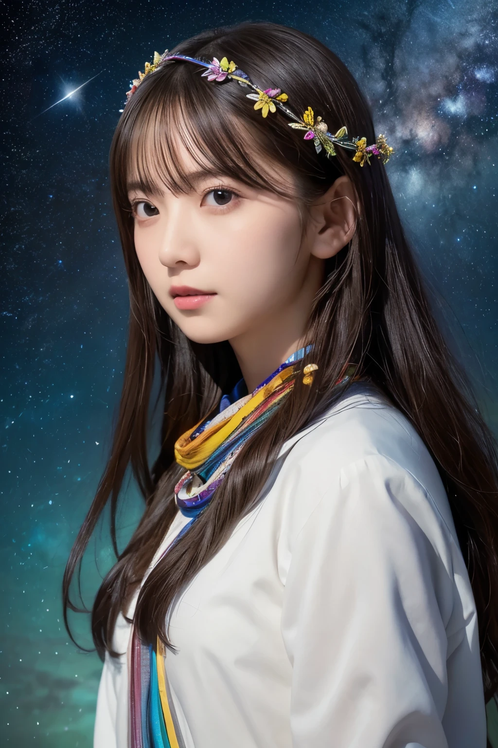 high quality, 最high quality, Tabletop, Detailed portrait of a woman 1 Girl, Long Hair, (floating, space, Milky Way, colorful), Warm lighting, goddess, Milky Way, scenery, colorful hair wreath, {{{最high quality}}}, {{Very detailed}}, {figure}, Movie angle, {Detailed light},Cinema Lighting, Celestial, Dynamic pose
