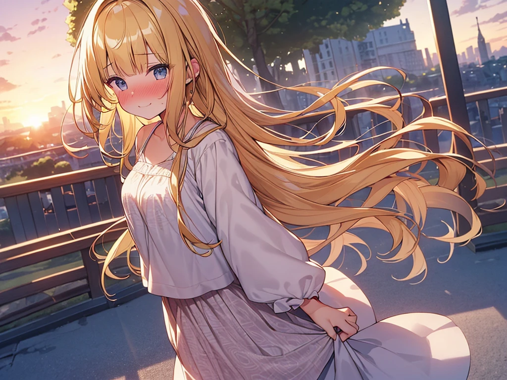 Masterpiece, Top quality, 1 beautiful girl, Blonde, long Hair, wavy Hair, blunt bangs, airy hair, 18 year old, standard weight, (cute clothes:1.5), clothes with cute pattern, (happy :1.4), (nose blush :1.2), beautiful scene of town, blurry background, magnificent panorama view, sunset, dynamic pose, from above
