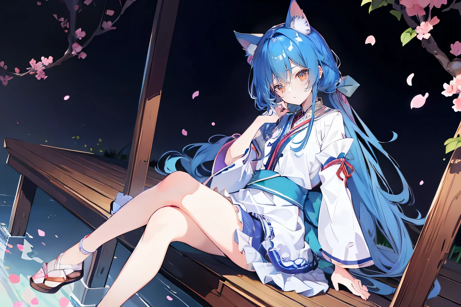 (masterpiece:1.2),ultra-detailed,realistic,expressive eyes,fair-skinned,perfectly shaped face,1girl,
Japanese cartoons,Gorgeous blue hair, flowing blue hair,floating clothes,cat ears,petals falling,beautiful Lola,Hina Angel,
hands on waist,gracefully sitting on the ground,legs crossed,gentle and serene background,cool and comfortable pavilion,night ,