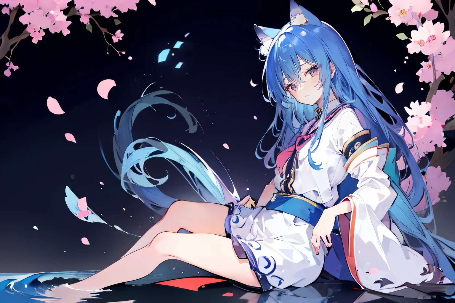 (masterpiece:1.2),ultra-detailed,realistic,expressive eyes,fair-skinned,perfectly shaped face,1girl,
Japanese cartoons,Gorgeous blue hair, flowing blue hair,floating clothes,cat ears,petals falling,beautiful Lola,Hina Angel,
hands on waist,gracefully sitting on the ground,legs crossed,gentle and serene background,cool and comfortable pavilion,night ,
