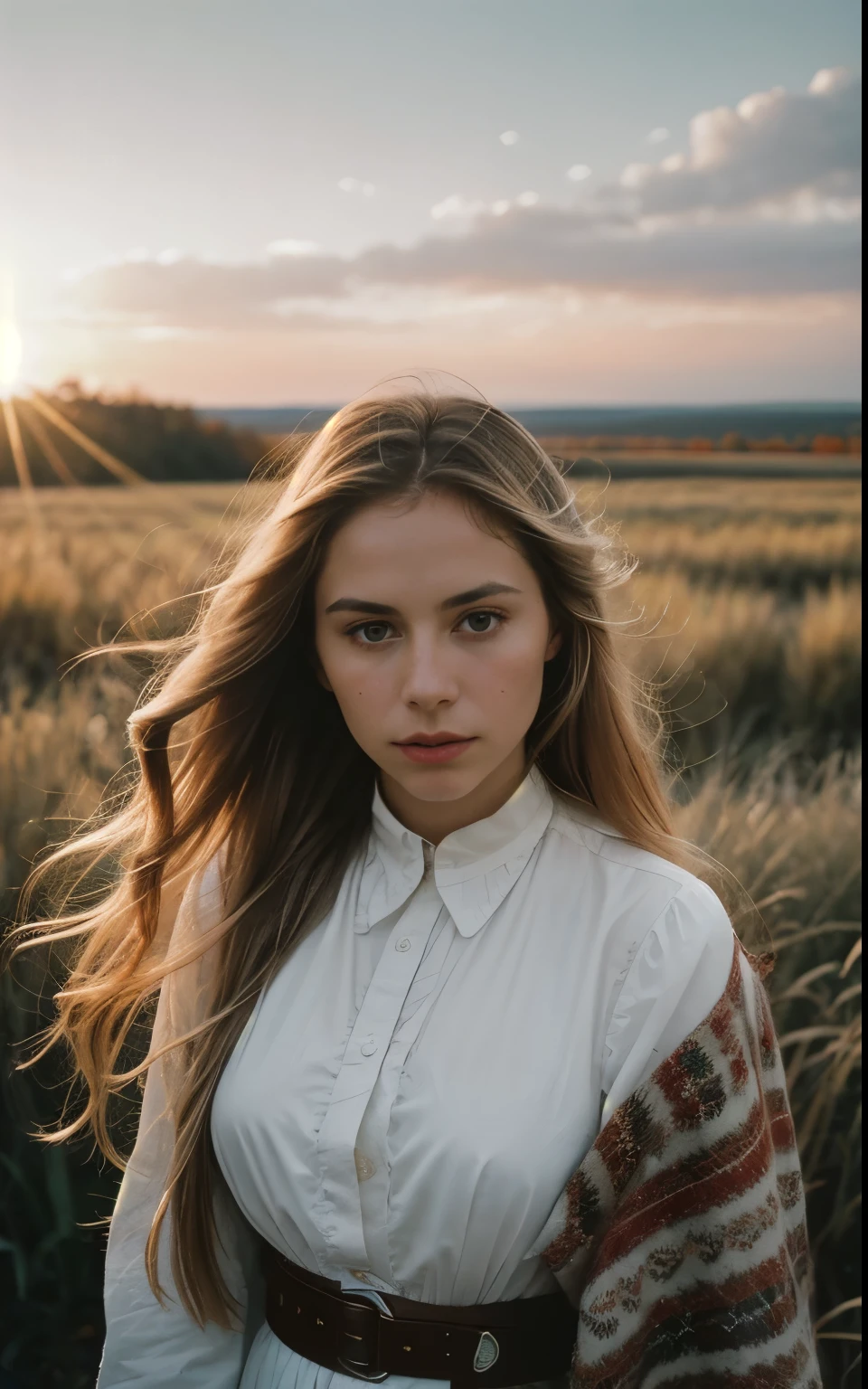 (analog photo:1.2),((full face),(dynamic camera),(27 yo Ashkenazi  Ukrainian 
woman with long hair)BREAK(sunrays, sunset, sky clouds (hdr:1.1),(high quality, film grain), (natural colors, correct white balance, color correction, dehaze, clarity), ,(skin texture) (Slightly surreal photo)BREAK[creative consciousness on display], (profound psychological meaning)BREAK ([esoteric features]), ([American Fall Autumn])BREAK [surreal natural lighting], [wide angle lens medium format camera], in the style of [Ralph Lauren] 