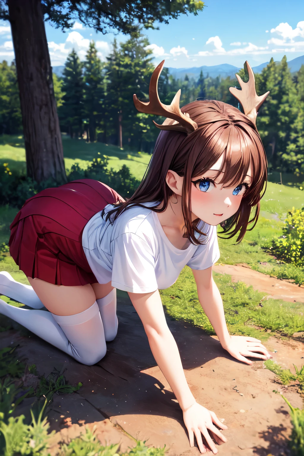 Anime style,  girl, moose girl, horns, moose horns, big horns, , wide horns, pine forest, 8k, brown hair, on all fours, short skirt, cute, shine in eyes, view from above, high quality, view from afar, side view, small mouth, white t-shirt, white tights