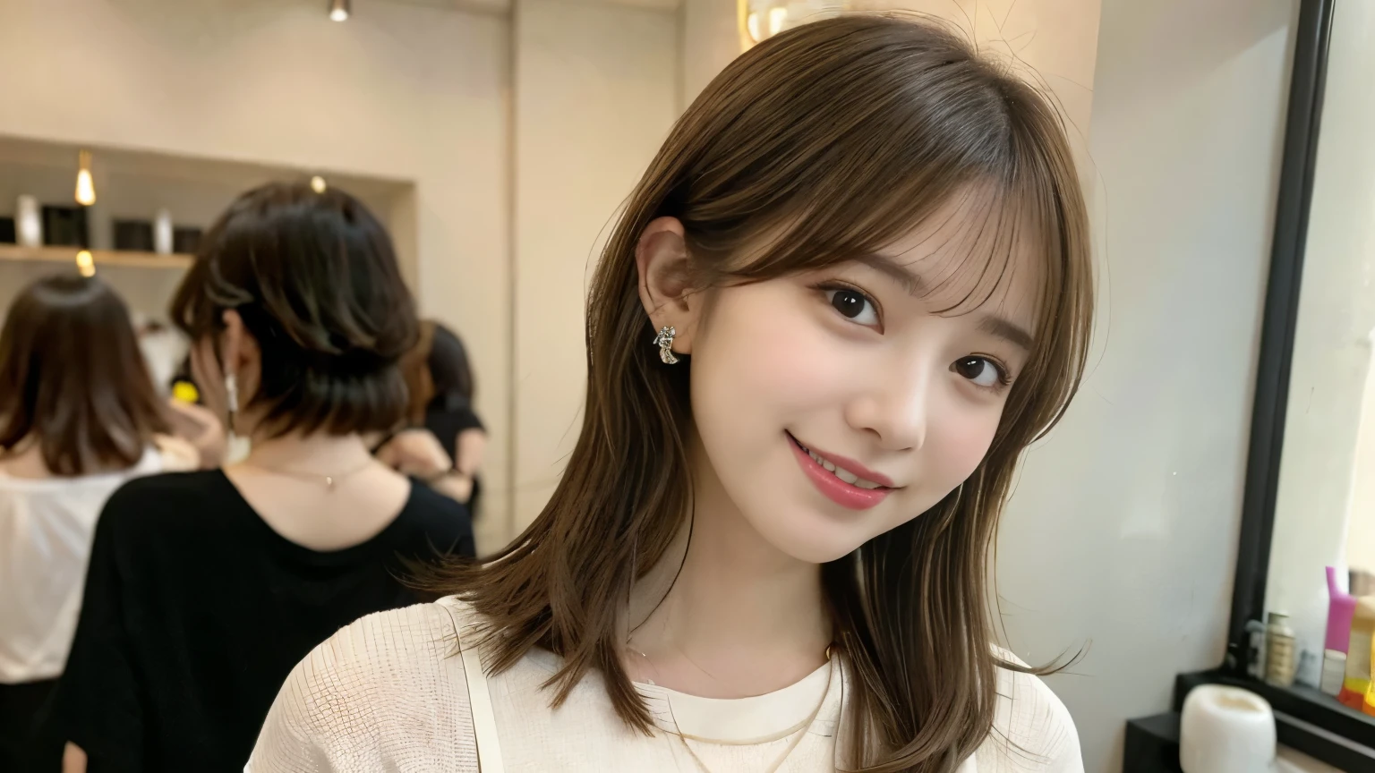 super high quality, Short Hair, Slender, Gravure photoshoot, The staff is working at the counter in the back., (8k、RAW Photos、highest quality、masterpiece:1.2), Japanese Idol, Shaggy, Stylish café, The cafe is crowded with people enjoying themselves., (Realistic、Photorealistic:1.37), Mesh Hair, Urban Cafe, Golden Ratio, Raw photo, Cute face , Light Brown Hair, Earrings, Small breasts, Bright cafe interior, Blurred Background, Beauty salon model, Spring Clothes, necklace, Beautiful hairstyle, Spoiled, Smile, Hair blowing in the wind, Neat clothes, boyish, T-Shirts, 18-year-old, younger sister,