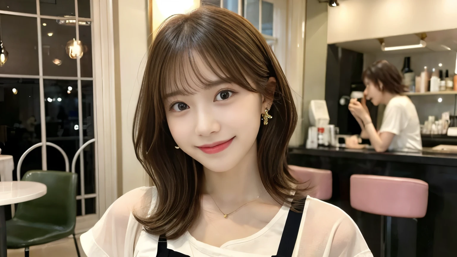 super high quality, Short Hair, Slender, Gravure photoshoot, The staff is working at the counter in the back., (8k、RAW Photos、highest quality、masterpiece:1.2), Japanese Idol, Shaggy, Stylish café, The cafe is crowded with people enjoying themselves., (Realistic、Photorealistic:1.37), Mesh Hair, Urban Cafe, Golden Ratio, Raw photo, Cute face , Light Brown Hair, Earrings, Small breasts, Bright cafe interior, Blurred Background, Beauty salon model, Spring Clothes, necklace, Beautiful hairstyle, Spoiled, Smile, Hair blowing in the wind, Neat clothes, boyish, T-Shirts, 18-year-old, younger sister,