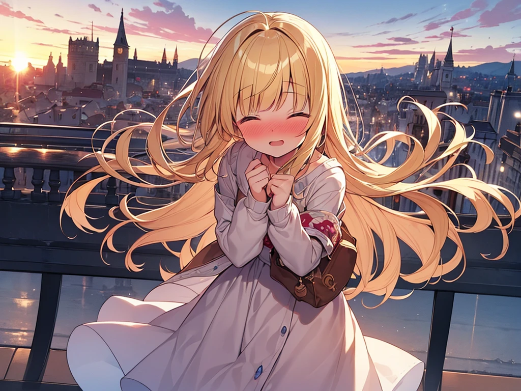 Masterpiece, Top quality, 1 beautiful girl, Blonde, long Hair, wavy Hair, blunt bangs, airy hair, 18 year old, standard weight, (cute clothes:1.5), clothes with cute pattern, (happy :1.4), (nose blush :1.2), closed eyes, beautiful scene of town, blurry background, magnificent panorama view, sunset, dynamic pose, from above