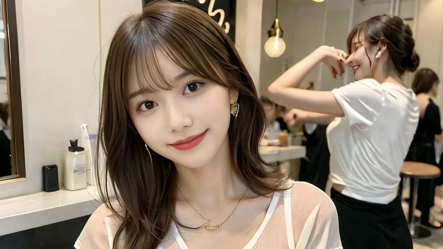 super high quality, Short Hair, Slender, Gravure photoshoot, The staff is working at the counter in the back., (8k、RAW Photos、highest quality、masterpiece:1.2), Japanese Idol, Shaggy, Stylish café, The cafe is crowded with people enjoying themselves., (Realistic、Photorealistic:1.37), Mesh Hair, Urban Cafe, Golden Ratio, Raw photo, Cute face , Light Brown Hair, Earrings, Small breasts, Bright cafe interior, Blurred Background, Beauty salon model, Spring Clothes, necklace, Beautiful hairstyle, Spoiled, Smile, Hair blowing in the wind, Neat clothes, boyish, T-Shirts, 18-year-old, younger sister,