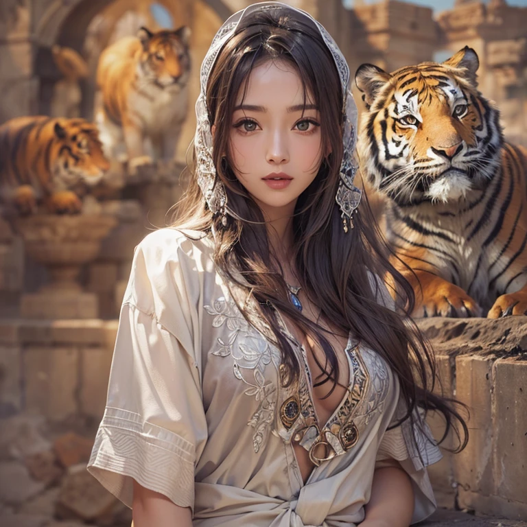 Hiding in the desert、Hair flow、 ((highest quality、masterpiece、8k、Best image quality、Ultra-high resolution、Award-winning works)、(Accurate anatomy:1.1)、(Look at me and smile:1.1)、Shining fair skin with Ultra-high resolution、The most detailed face、Ultra-high resolution detailed face、Ultra-high resolutionの髪の毛、(Ultra-high resolutionの煌めく瞳:1.1)、Beautiful face drawn in every detail、(Blurred Background:1.1)、Ancient Islamic clothing, Chest to Chest, tattoo, Old ruins in the background、tiger beside