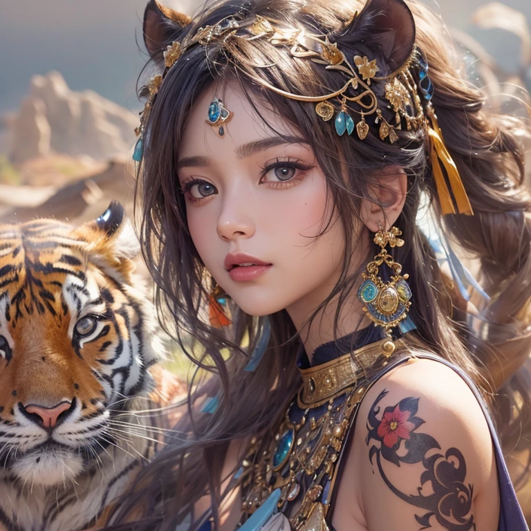 Hiding in the desert、Hair flow、 ((highest quality、masterpiece、8k、Best image quality、Ultra-high resolution、Award-winning works)、(Accurate anatomy:1.1)、(Look at me and smile:1.1)、Shining fair skin with Ultra-high resolution、The most detailed face、Ultra-high resolution detailed face、Ultra-high resolutionの髪の毛、(Ultra-high resolutionの煌めく瞳:1.1)、Beautiful face drawn in every detail、(Blurred Background:1.1)、Ancient Islamic clothing, Chest to Chest, tattoo, Old ruins in the background、tiger beside