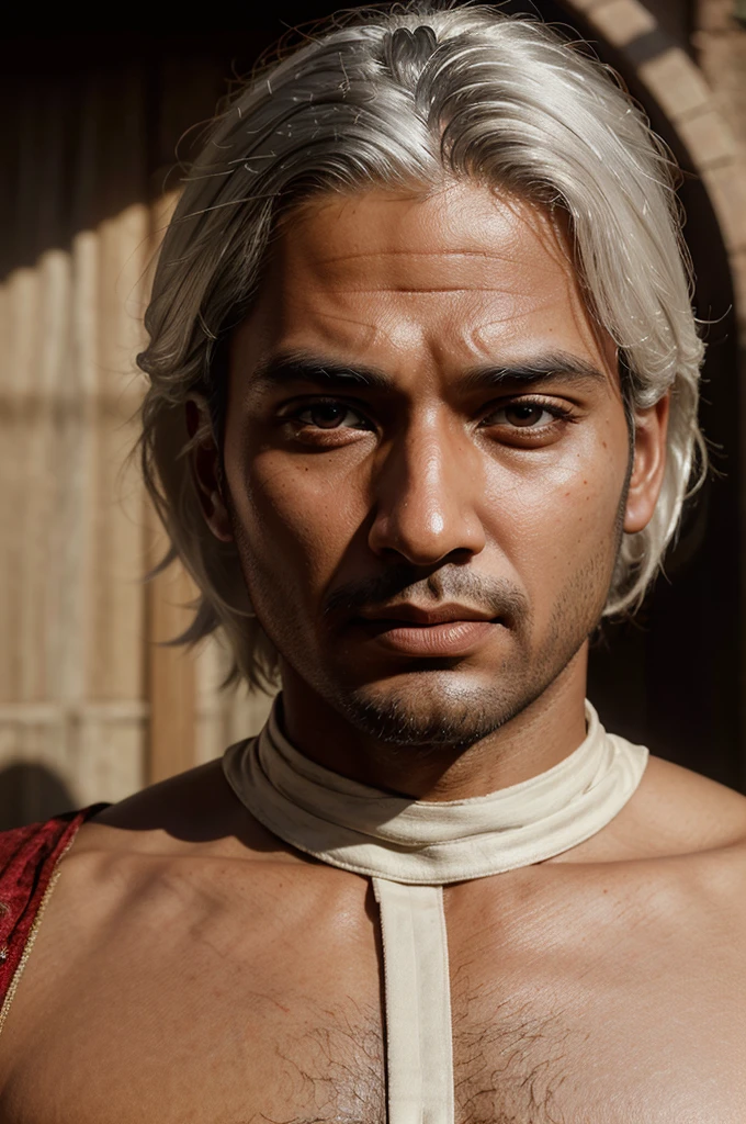 Hyperrealist portrait of kabir das fantasy art, photo realistic, dynamic lighting, artstation, poster, volumetric lighting, very detailed faces, 4 k, in the light red, deep shadow, low key, cowboy shot, white hair
